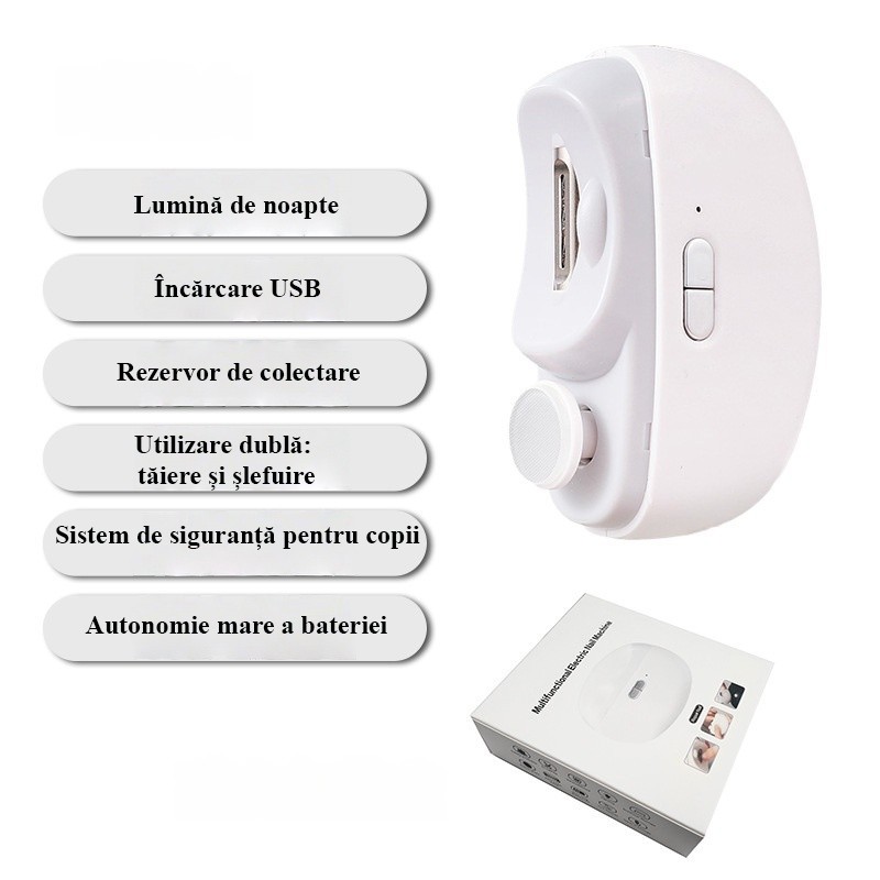 Unghiera Electrica 2 in 1, Flippy, Taiat si Slefuit, 2 Viteze, Lumina LED, Design Ergonomic, Compartiment Resturi, Portabila, Silentioasa 65 db, USB-C, Manichiura, Ideal Pentru Copii si Adulti, 8.5 x 6.8 x 3.3 cm, Alb
