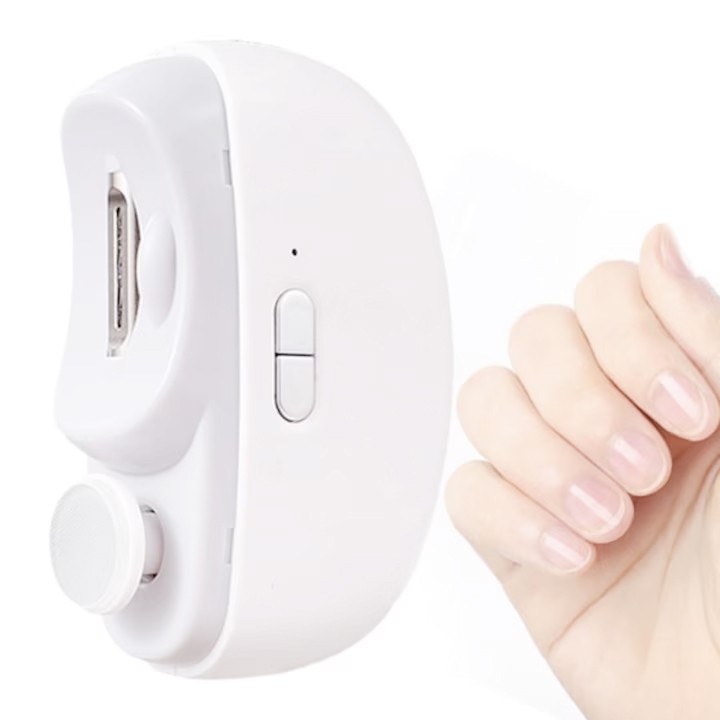 Unghiera Electrica 2 in 1, Flippy, Taiat si Slefuit, 2 Viteze, Lumina LED, Design Ergonomic, Compartiment Resturi, Portabila, Silentioasa 65 db, USB-C, Manichiura, Ideal Pentru Copii si Adulti, 8.5 x 6.8 x 3.3 cm, Alb