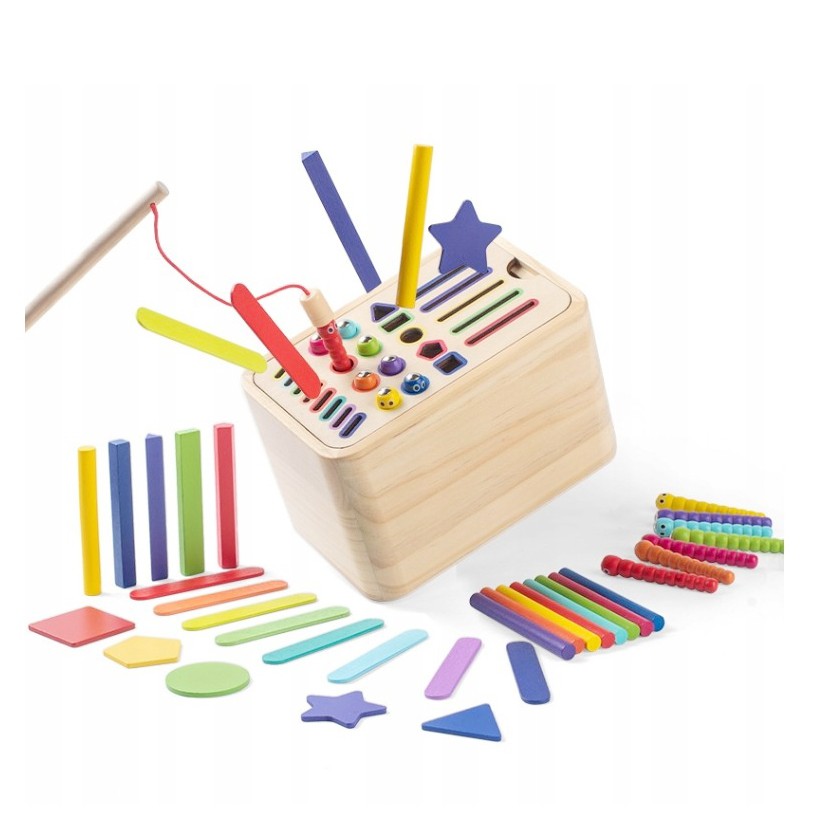 Jucarie Educativa Montessori Flippy din Lemn, Cutie Sortare Forme, Culori si Betisoare, Joc de Insirare, 56 piese, Dezvoltare Motricitate Fina, Copii 3+ ani, Multicolor