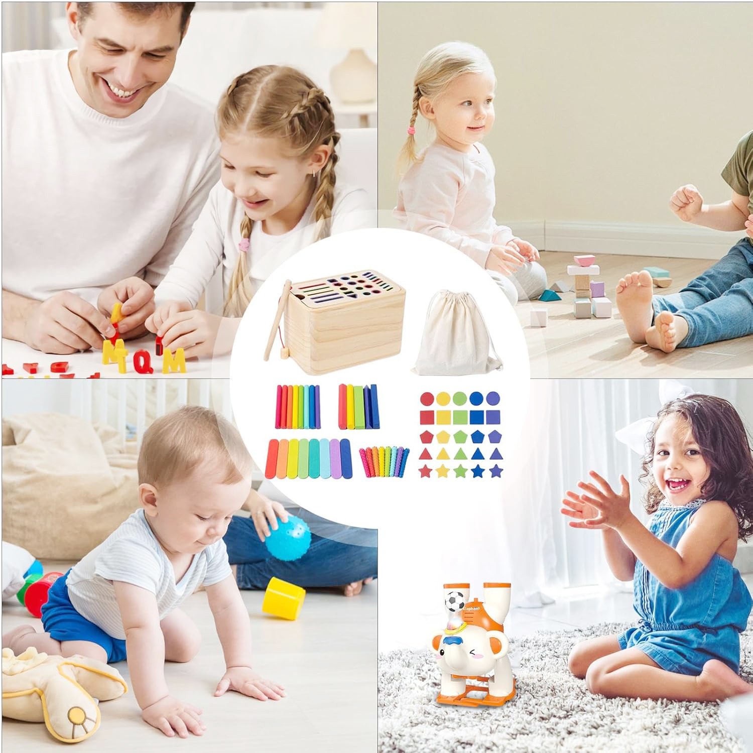 Jucarie Educativa Montessori Flippy din Lemn, Cutie Sortare Forme, Culori si Betisoare, Joc de Insirare, 56 piese, Dezvoltare Motricitate Fina, Copii 3+ ani, Multicolor