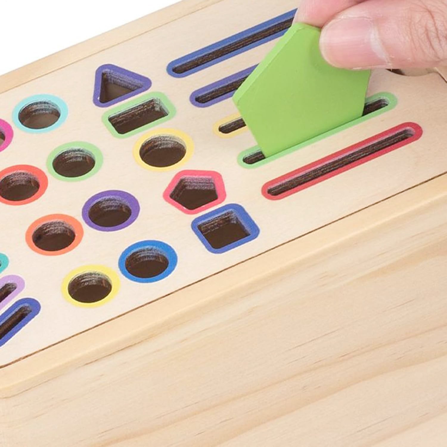 Jucarie Educativa Montessori Flippy din Lemn, Cutie Sortare Forme, Culori si Betisoare, Joc de Insirare, 56 piese, Dezvoltare Motricitate Fina, Copii 3+ ani, Multicolor