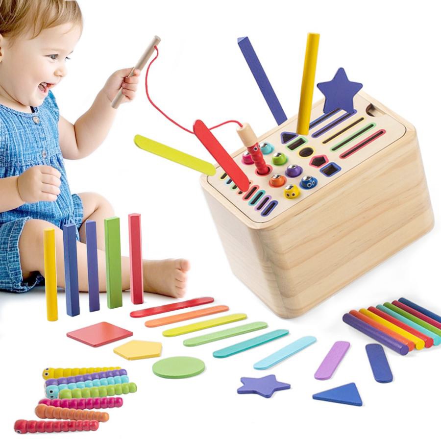 Jucarie Educativa Montessori Flippy din Lemn, Cutie Sortare Forme, Culori si Betisoare, Joc de Insirare, 56 piese, Dezvoltare Motricitate Fina, Copii 3+ ani, Multicolor