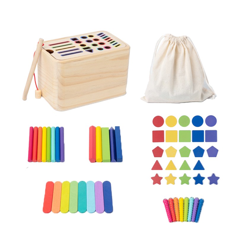 Jucarie Educativa Montessori Flippy din Lemn, Cutie Sortare Forme, Culori si Betisoare, Joc de Insirare, 56 piese, Dezvoltare Motricitate Fina, Copii 3+ ani, Multicolor