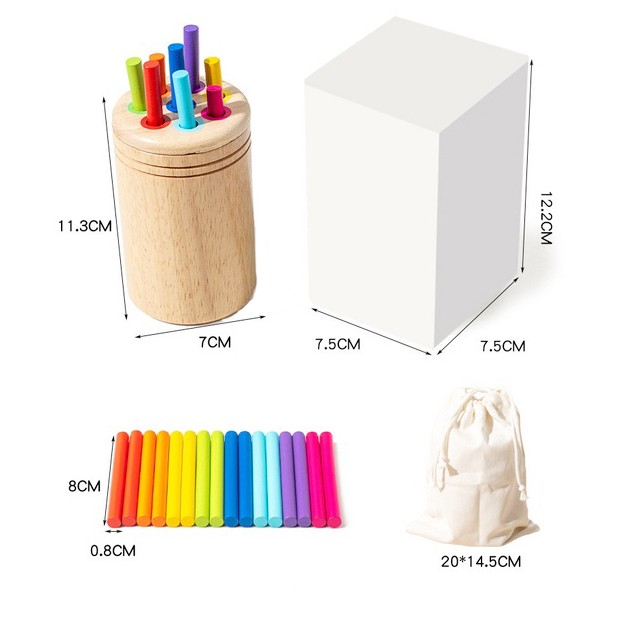 Jucarie Educativa Montessori din Lemn, 19 Piese, Flippy, Sortator cu Betisoare, Joc de Motricitate Fina pentru Copii, Varsta 2+ ani, Saculet Depozitare, 11.3 x 7 cm, Multicolor