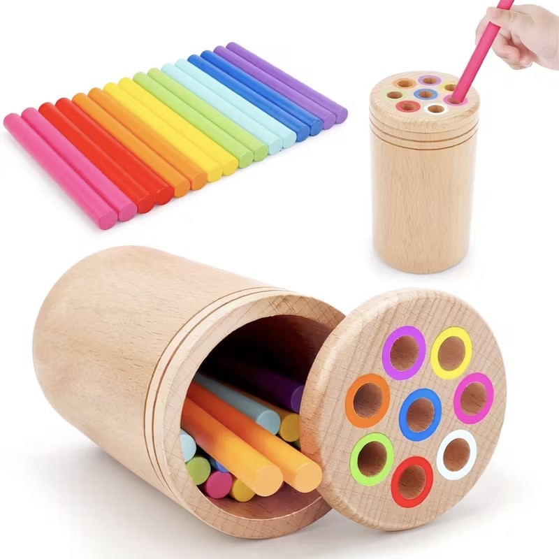 Jucarie Educativa Montessori din Lemn, 19 Piese, Flippy, Sortator cu Betisoare, Joc de Motricitate Fina pentru Copii, Varsta 2+ ani, Saculet Depozitare, 11.3 x 7 cm, Multicolor