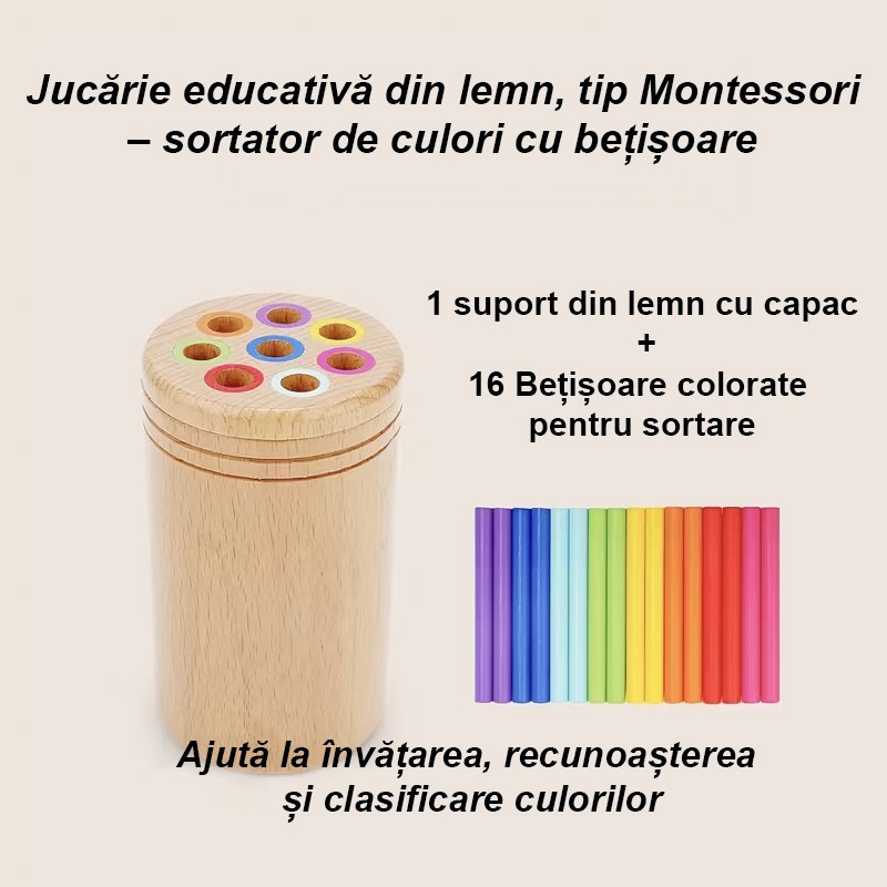 Jucarie Educativa Montessori din Lemn, 19 Piese, Flippy, Sortator cu Betisoare, Joc de Motricitate Fina pentru Copii, Varsta 2+ ani, Saculet Depozitare, 11.3 x 7 cm, Multicolor