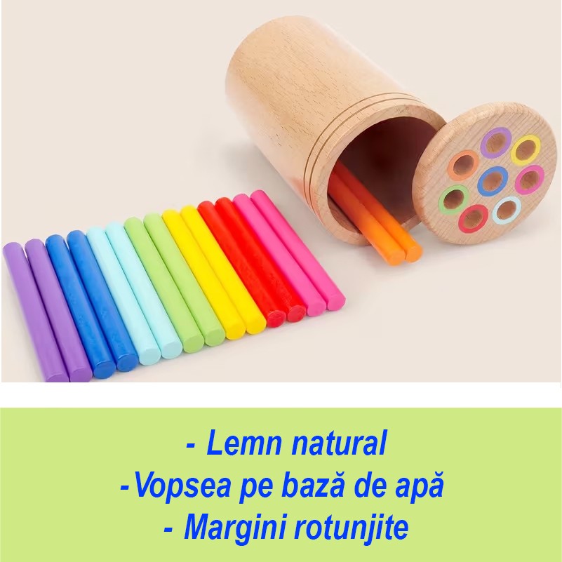 Jucarie Educativa Montessori din Lemn, 19 Piese, Flippy, Sortator cu Betisoare, Joc de Motricitate Fina pentru Copii, Varsta 2+ ani, Saculet Depozitare, 11.3 x 7 cm, Multicolor