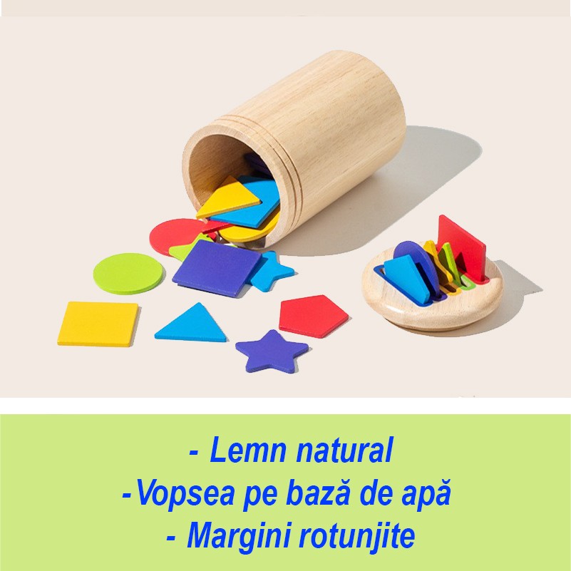 Jucarie Educativa Montessori din Lemn, 28 Piese, Flippy, Sortator cu Forme Geometrice, Joc de Motricitate Fina pentru Copii, Varsta 2+ ani, Saculet Depozitare, 11.3 x 7 cm, Multicolor