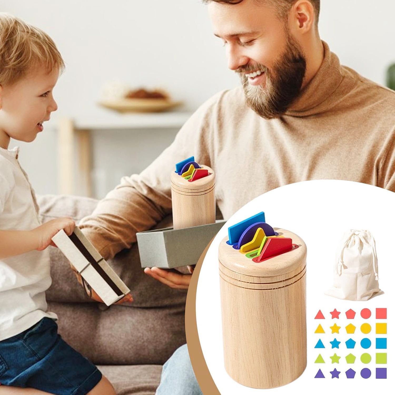 Jucarie Educativa Montessori din Lemn, 28 Piese, Flippy, Sortator cu Forme Geometrice, Joc de Motricitate Fina pentru Copii, Varsta 2+ ani, Saculet Depozitare, 11.3 x 7 cm, Multicolor