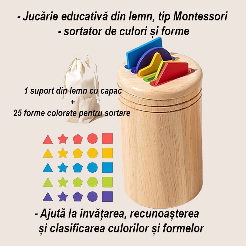 Jucarie Educativa Montessori din Lemn, 28 Piese, Flippy, Sortator cu Forme Geometrice, Joc de Motricitate Fina pentru Copii, Varsta 2+ ani, Saculet Depozitare, 11.3 x 7 cm, Multicolor