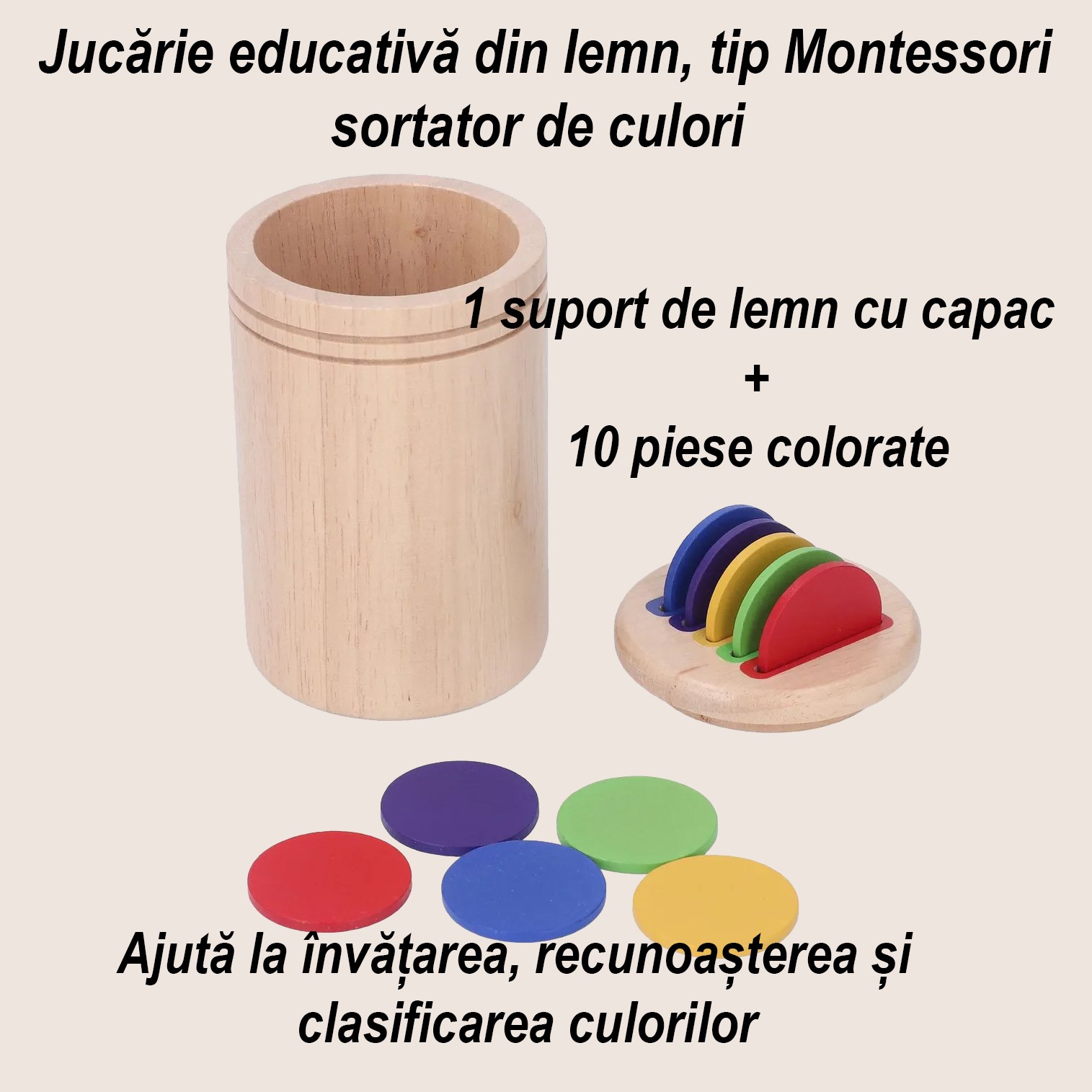 Jucarie Educativa Montessori din Lemn, 13 Piese, Flippy, Sortator cu Discuri Colorate, Joc de Motricitate Fina pentru Copii, Varsta 2+ ani, Saculet Depozitare, 11.3 x 7 cm, Multicolor