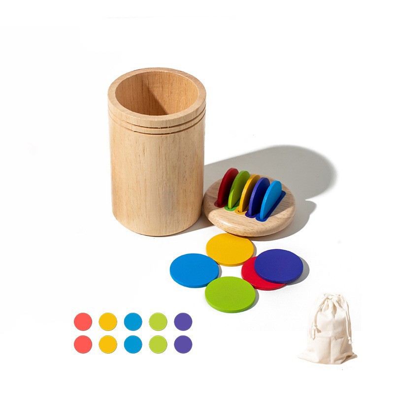 Jucarie Educativa Montessori din Lemn, 13 Piese, Flippy, Sortator cu Discuri Colorate, Joc de Motricitate Fina pentru Copii, Varsta 2+ ani, Saculet Depozitare, 11.3 x 7 cm, Multicolor