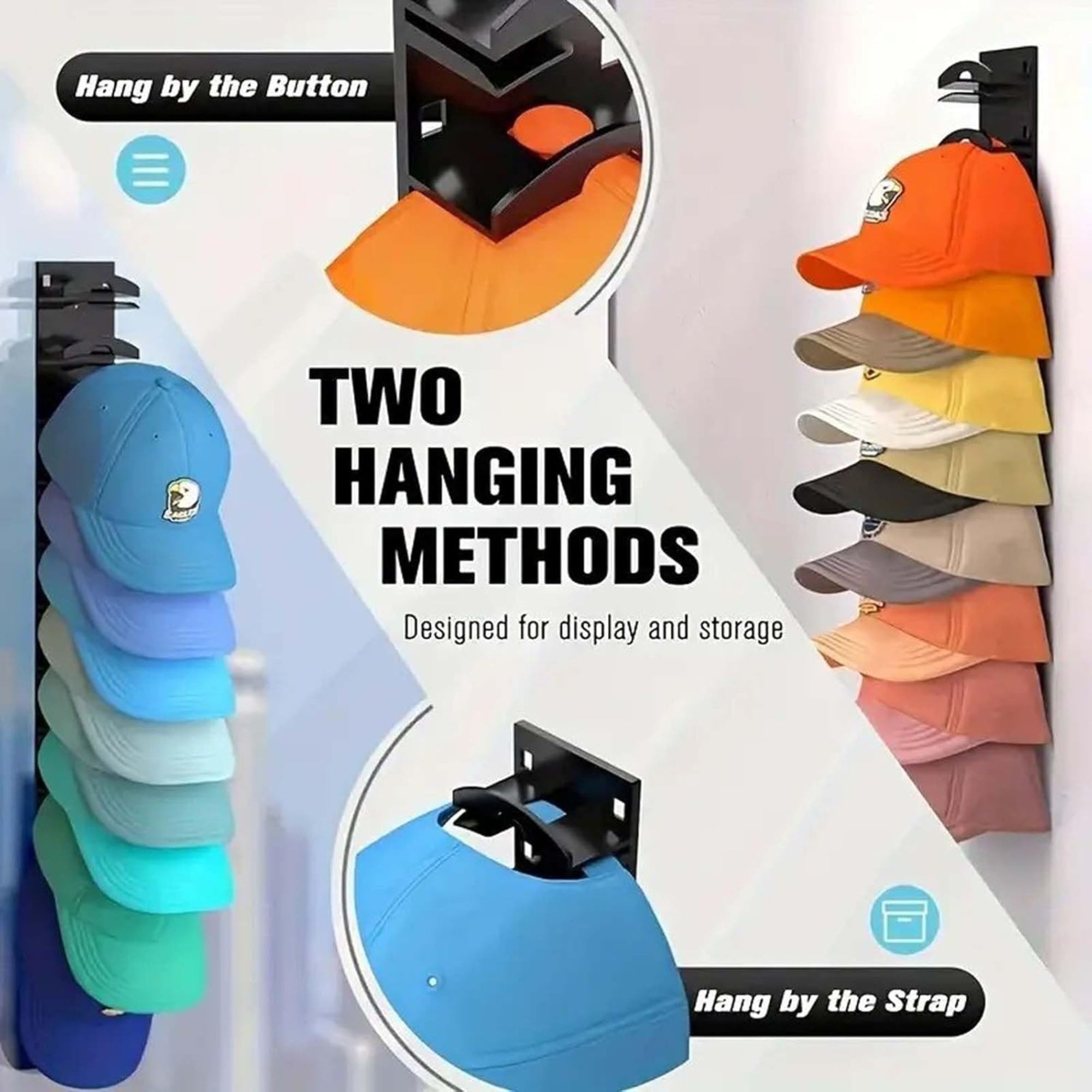 Suport pentru Sepci, Flippy, pentru Perete, Organizator pentru 10 Palarii, Constructie Verticala, Montaj cu Banda Adeziva sau Suruburi, Economisire Spatiu, 35.5 x 6 x 3.3 cm, Alb