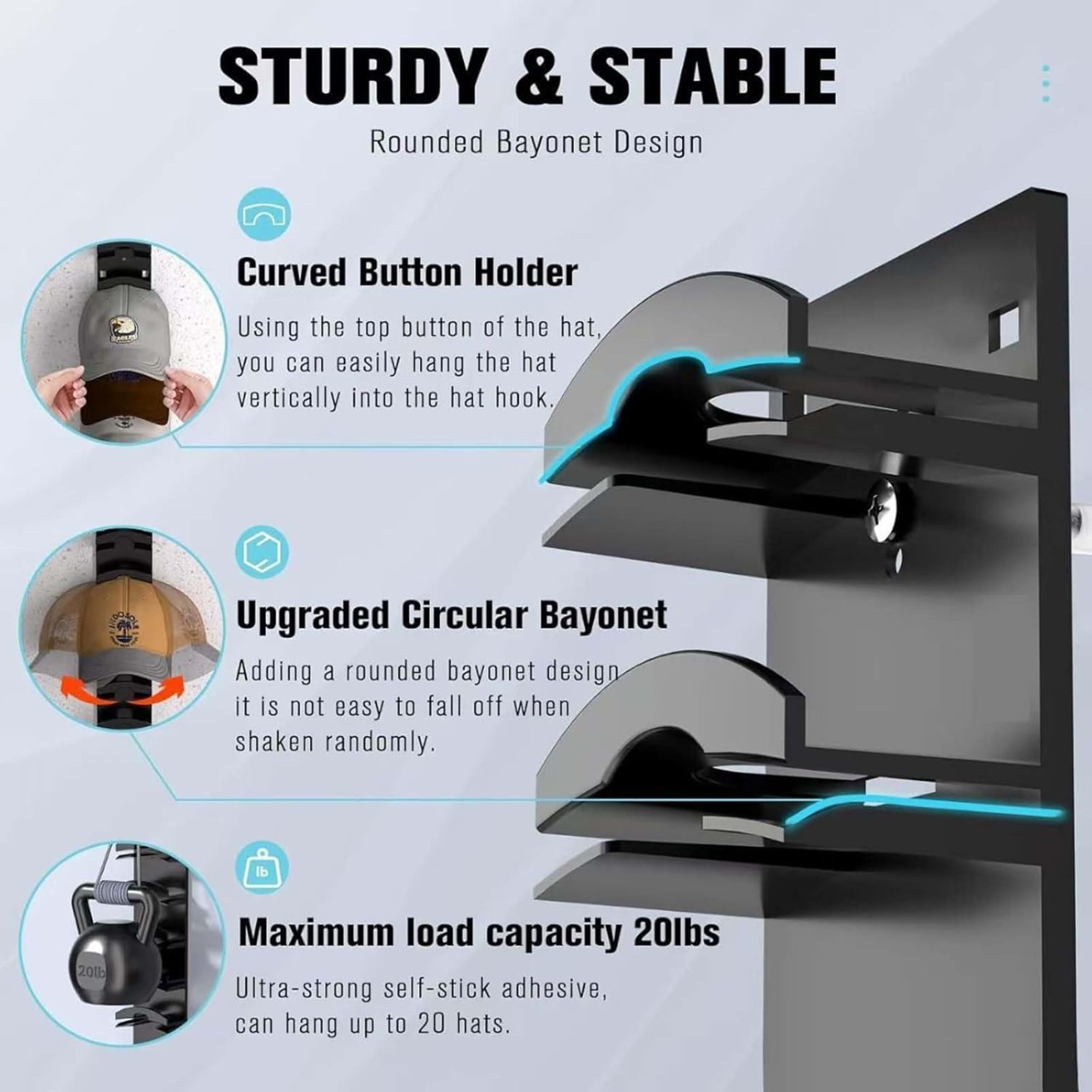 Suport pentru Sepci, Flippy, pentru Perete, Organizator pentru 10 Palarii, Constructie Verticala, Montaj cu Banda Adeziva sau Suruburi, Economisire Spatiu, 35.5 x 6 x 3.3 cm, Alb