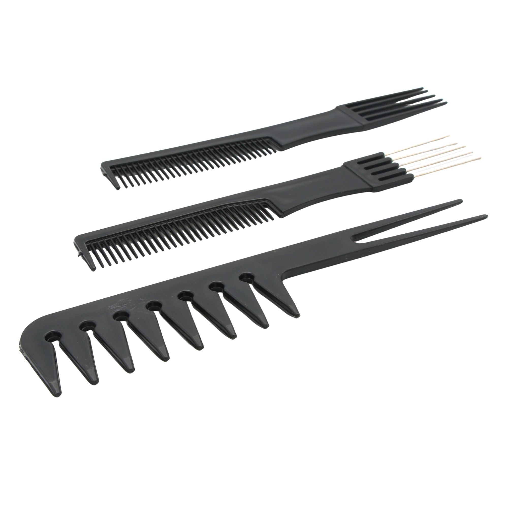 Set piepteni profesionali pentru coafat, Flippy, 10 bucati, PP + Otel inoxidabil, 18,5–22 cm, Rezistenti la caldura, Negru