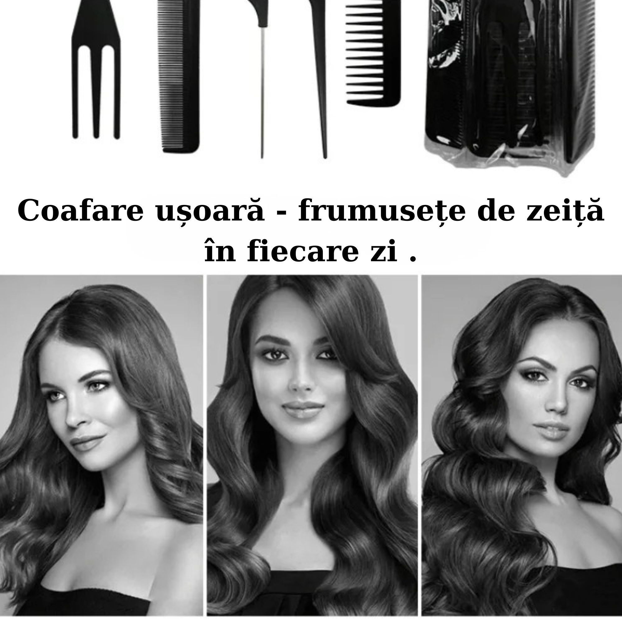 Set piepteni profesionali pentru coafat, Flippy, 10 bucati, PP + Otel inoxidabil, 18,5–22 cm, Rezistenti la caldura, Negru