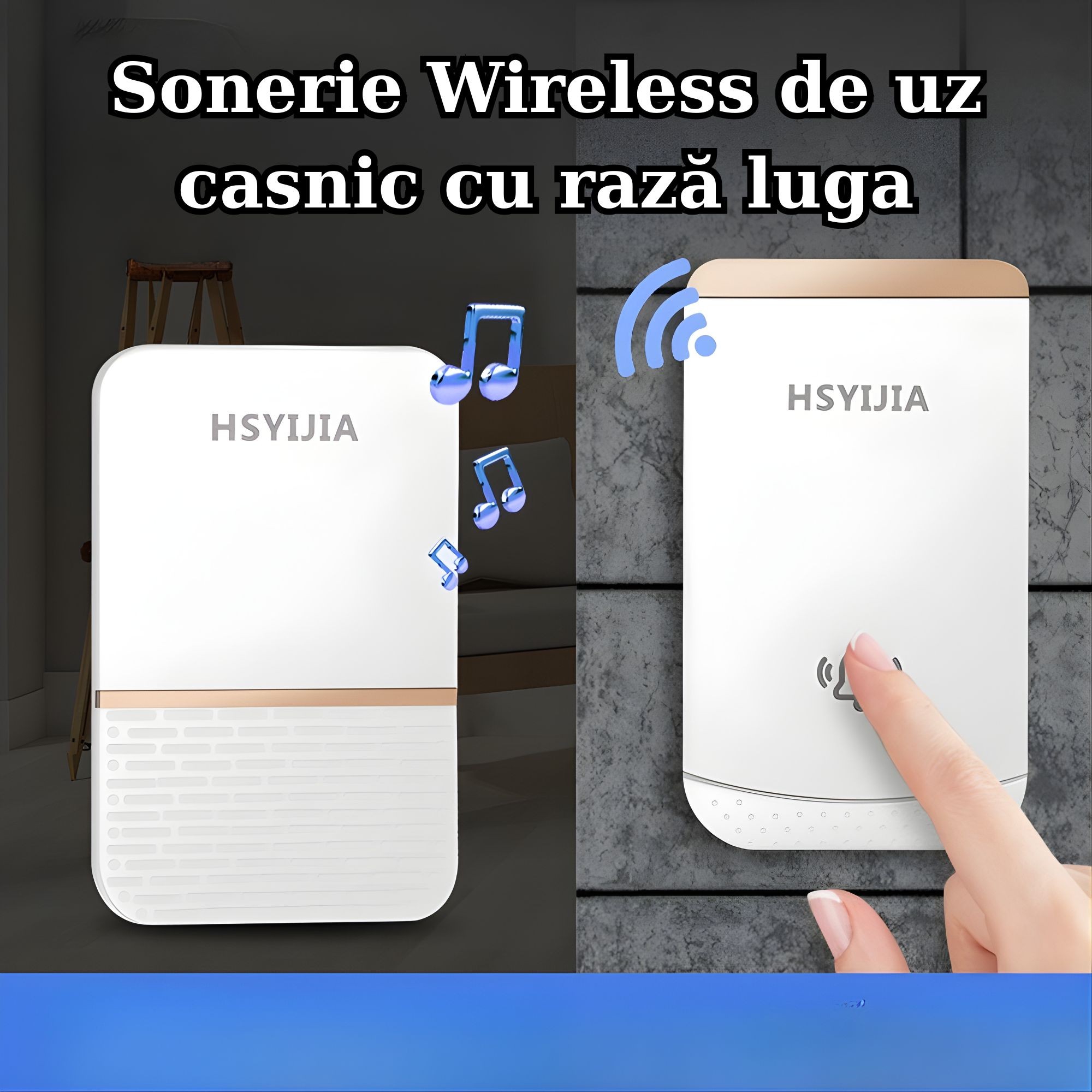 Sonerie Wireless, Flippy, Rezistenta la Stropi, Kit cu 2 Receptoare, 38 Melodii, 4 Niveluri Volum, 85 dB, raza 260 m, 9 x 5,6 x 18,5 cm, Alb/Auriu