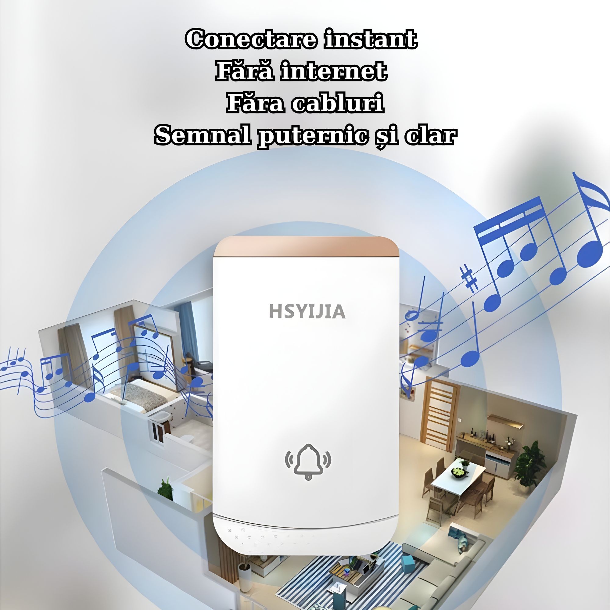 Sonerie Wireless, Flippy, Rezistenta la Stropi, Kit cu 2 Receptoare, 38 Melodii, 4 Niveluri Volum, 85 dB, raza 260 m, 9 x 5,6 x 18,5 cm, Alb/Auriu