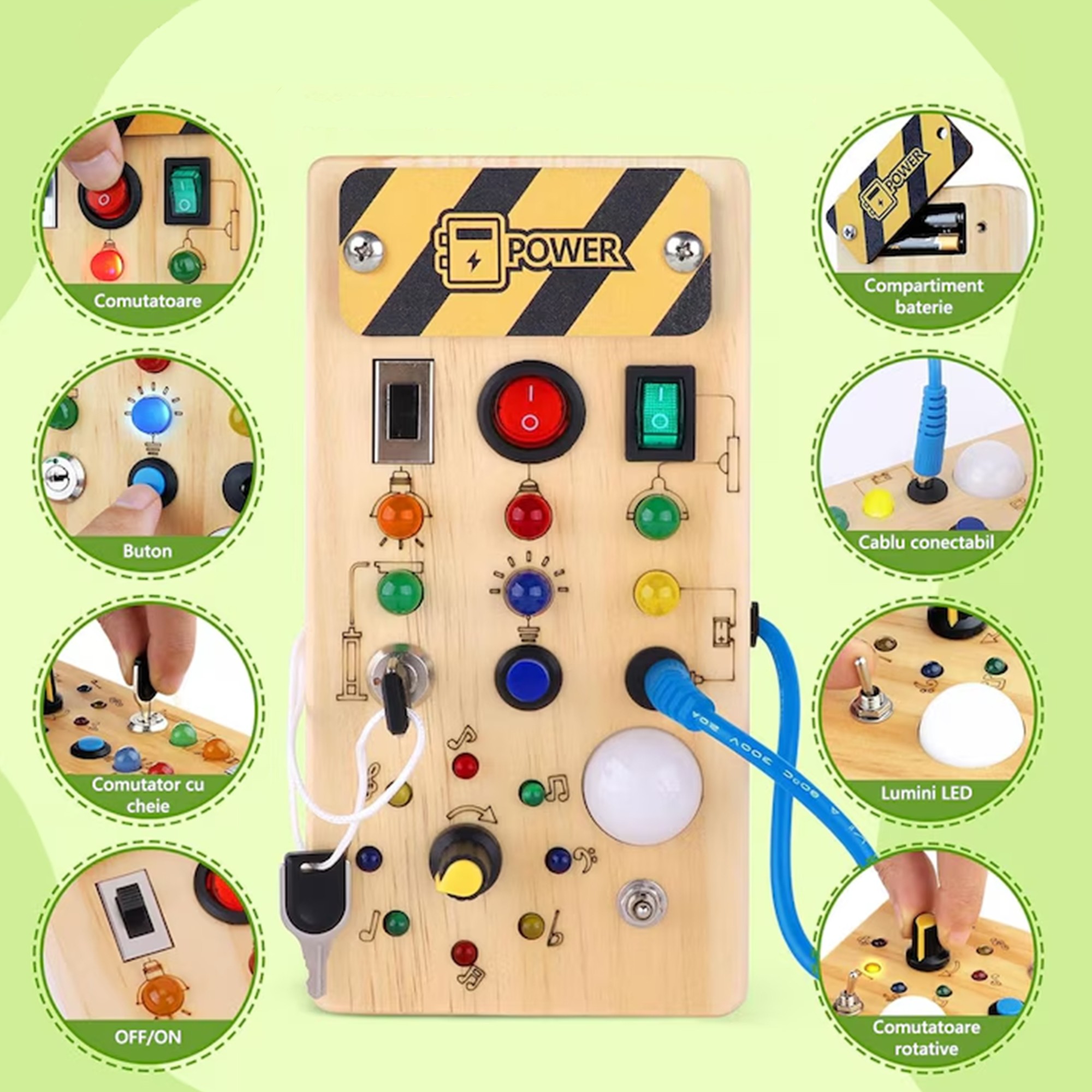 Jucarie Educativa Montessori pentru Copii, Flippy, Model Busy Board, Tableta din Lemn cu Circuit Luminos, 36 Comutatoare, Lumini LED, 19,5 x 9,7 x 3 cm, Lemn Natur