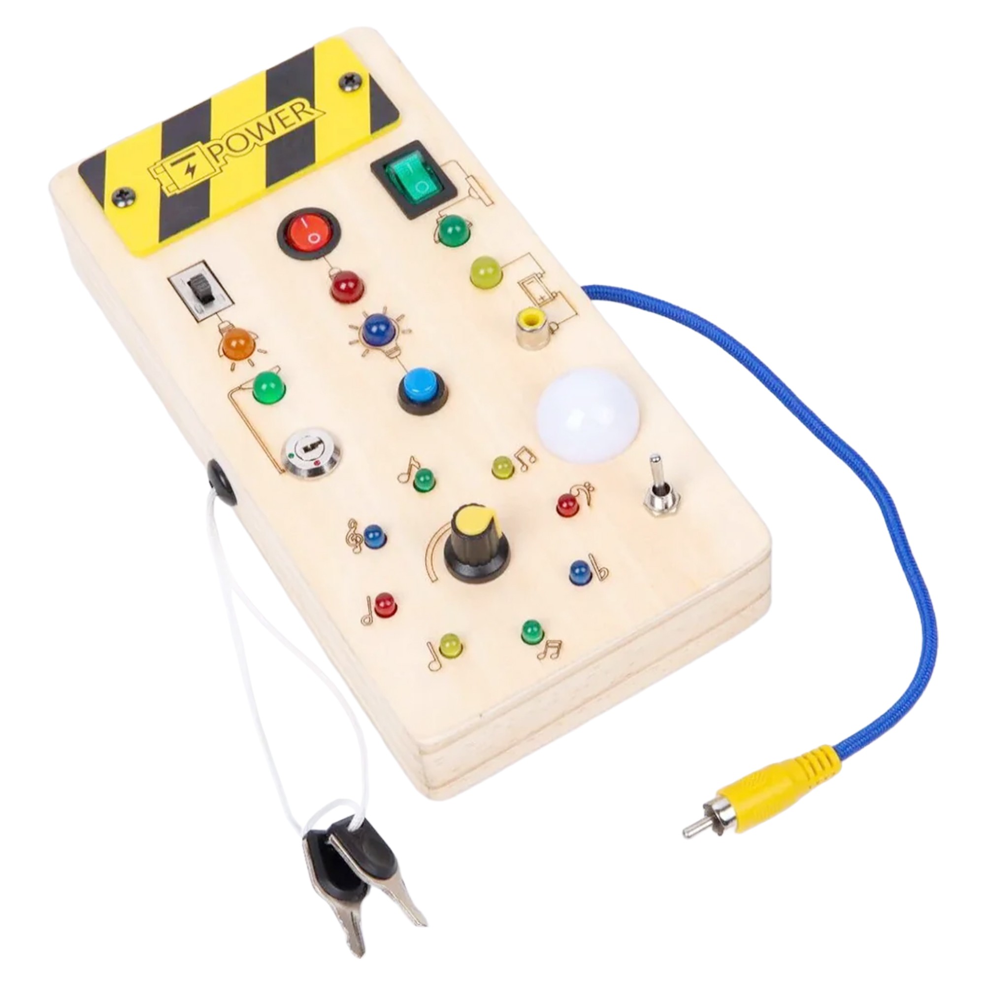 Jucarie Educativa Montessori pentru Copii, Flippy, Model Busy Board, Tableta din Lemn cu Circuit Luminos, 36 Comutatoare, Lumini LED, 19,5 x 9,7 x 3 cm, Lemn Natur