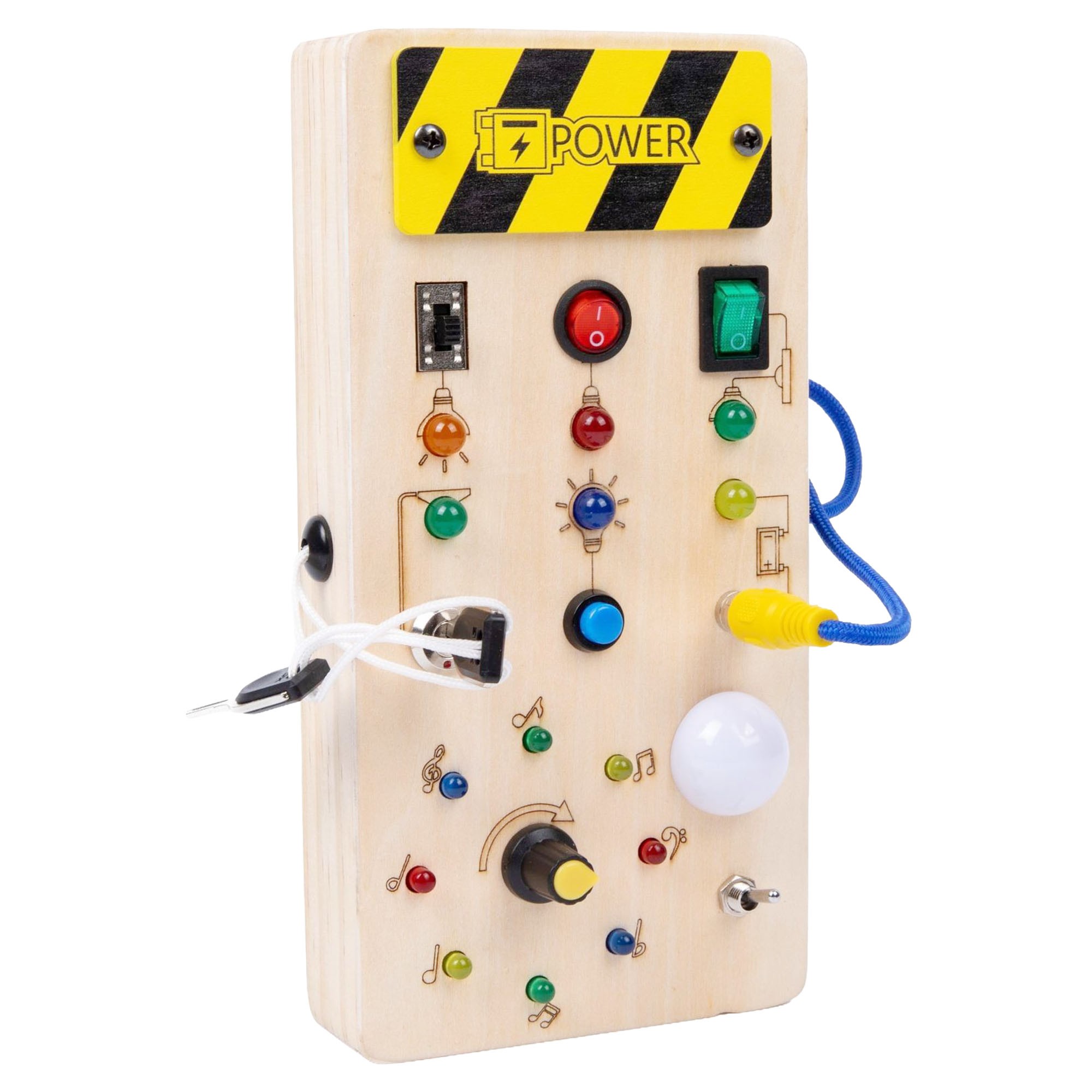 Jucarie Educativa Montessori pentru Copii, Flippy, Model Busy Board, Tableta din Lemn cu Circuit Luminos, 36 Comutatoare, Lumini LED, 19,5 x 9,7 x 3 cm, Lemn Natur