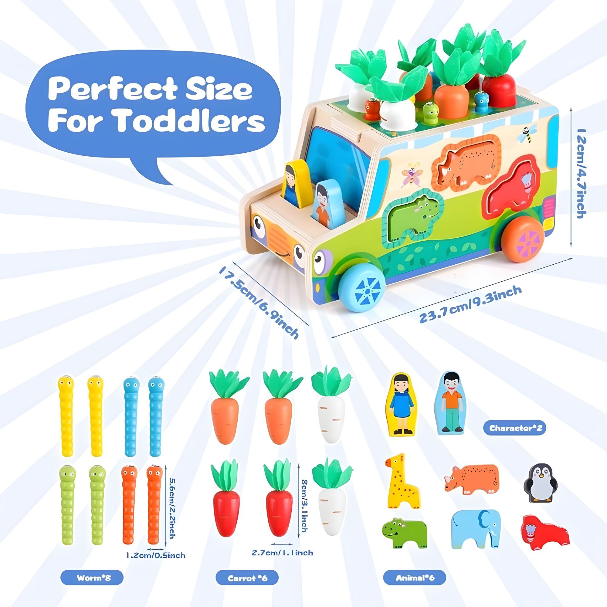 Jucarie Educativa Montessori, Flippy, Model Masinuta Educativa din Lemn 6 in 1, Sortator Forme, 1–3 ani, 23.7 x 17.5 x 12 cm, Multicolor