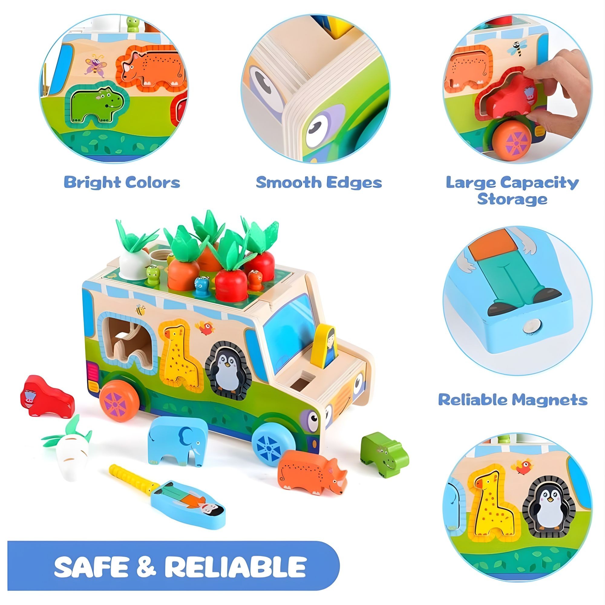 Jucarie Educativa Montessori, Flippy, Model Masinuta Educativa din Lemn 6 in 1, Sortator Forme, 1–3 ani, 23.7 x 17.5 x 12 cm, Multicolor