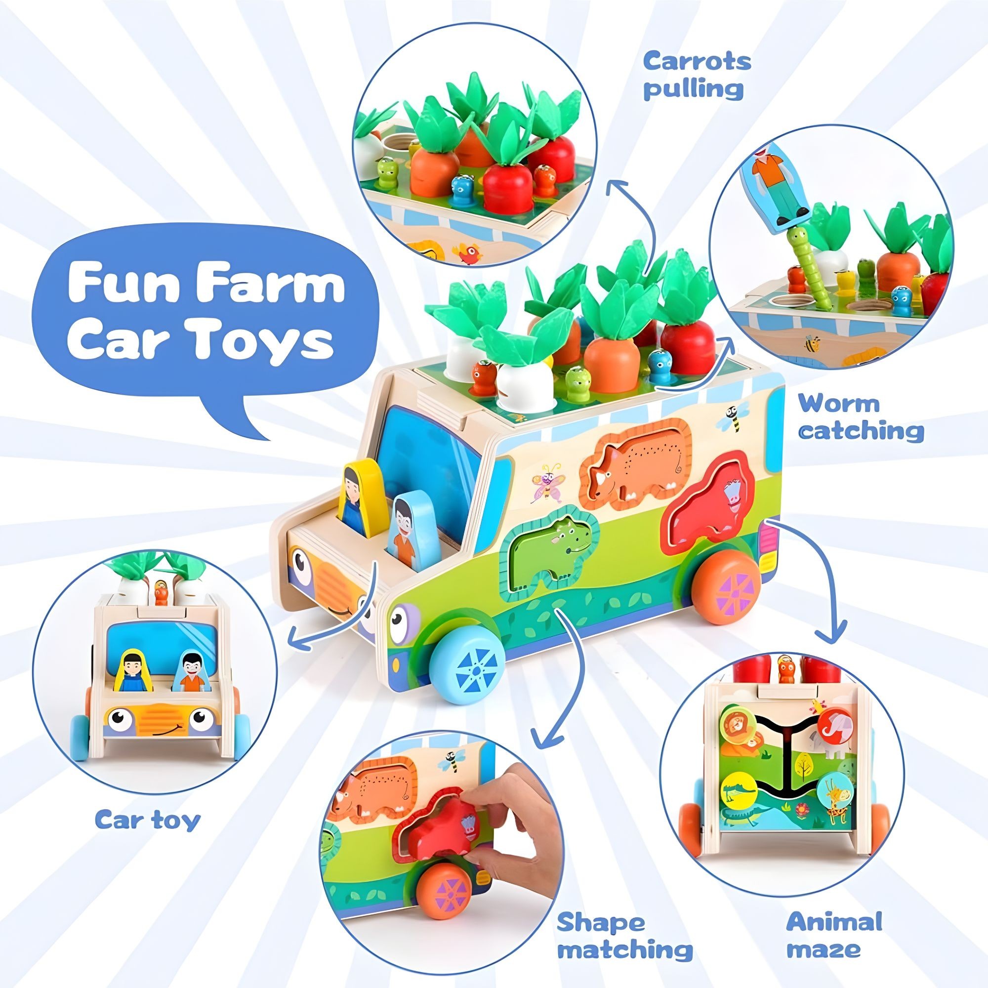 Jucarie Educativa Montessori, Flippy, Model Masinuta Educativa din Lemn 6 in 1, Sortator Forme, 1–3 ani, 23.7 x 17.5 x 12 cm, Multicolor