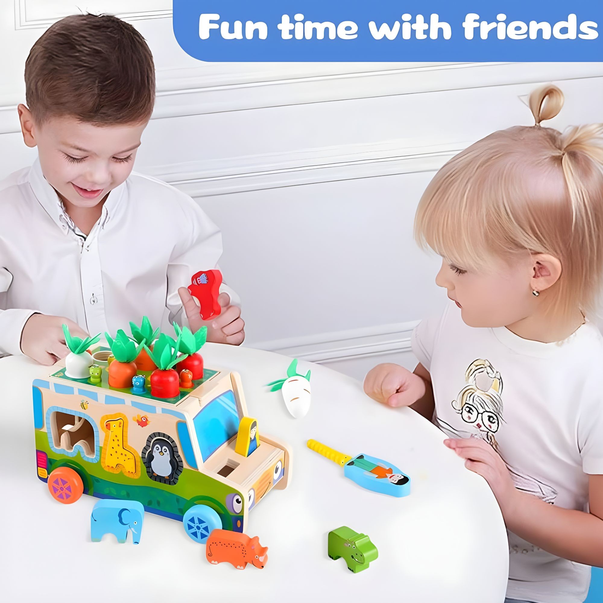 Jucarie Educativa Montessori, Flippy, Model Masinuta Educativa din Lemn 6 in 1, Sortator Forme, 1–3 ani, 23.7 x 17.5 x 12 cm, Multicolor