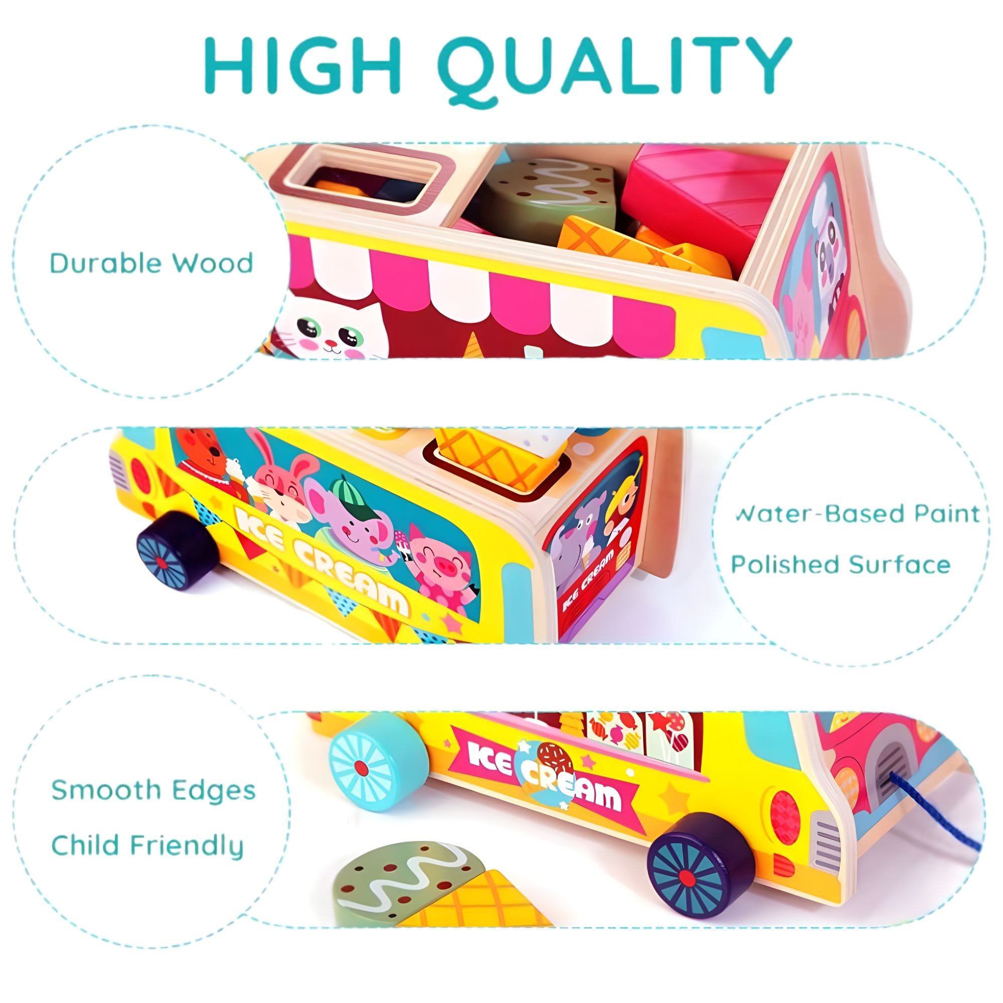 Jucarie Educativa Montessori, Flippy, Model Camion de Inghetata, Sortator Forme, 22 x 11 x 12 cm, 3+ ani, Multicolor