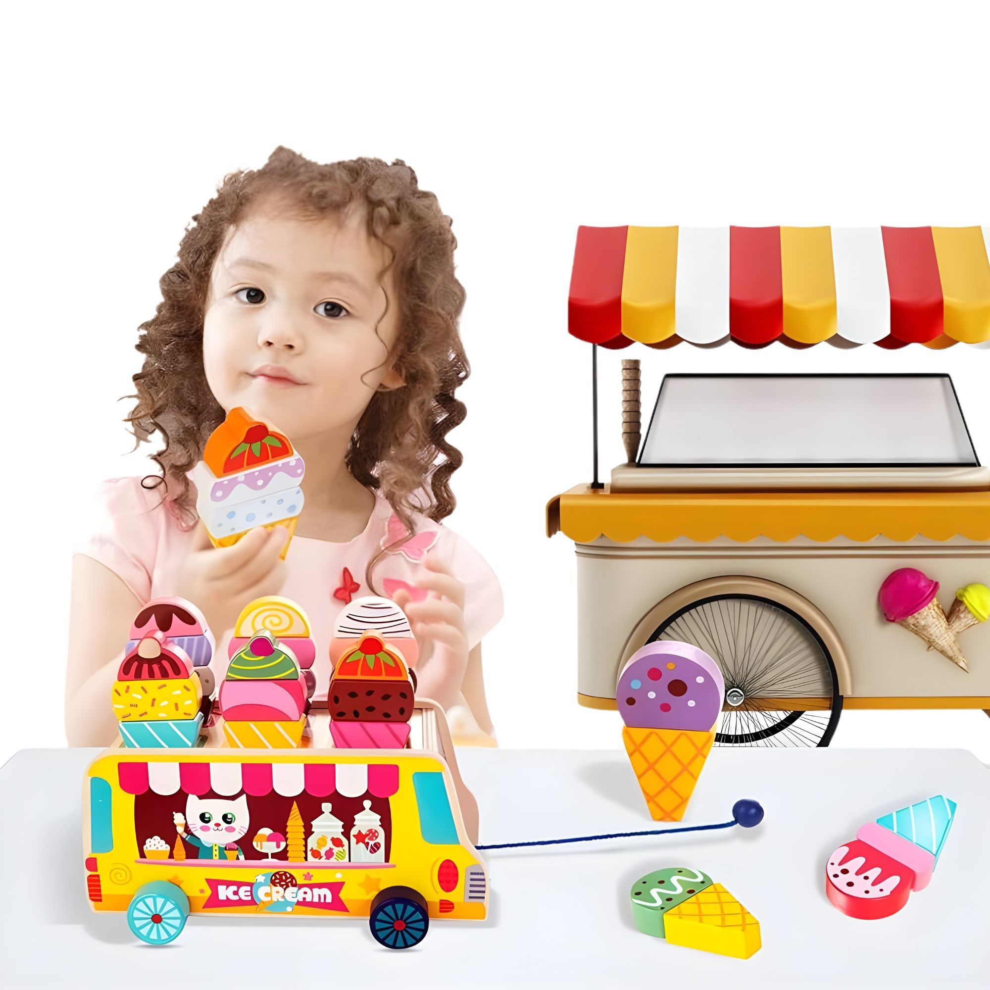 Jucarie Educativa Montessori, Flippy, Model Camion de Inghetata, Sortator Forme, 22 x 11 x 12 cm, 3+ ani, Multicolor