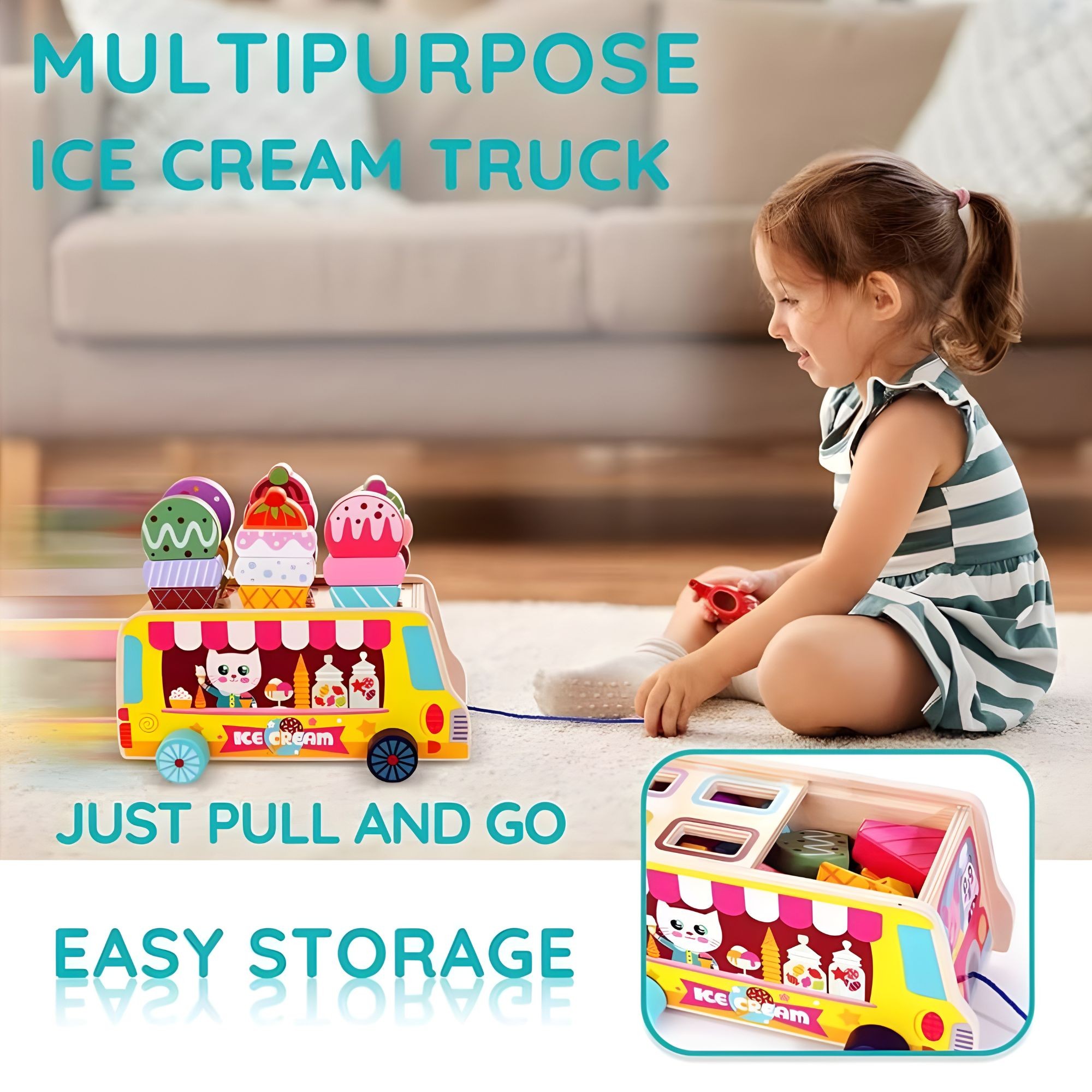 Jucarie Educativa Montessori, Flippy, Model Camion de Inghetata, Sortator Forme, 22 x 11 x 12 cm, 3+ ani, Multicolor