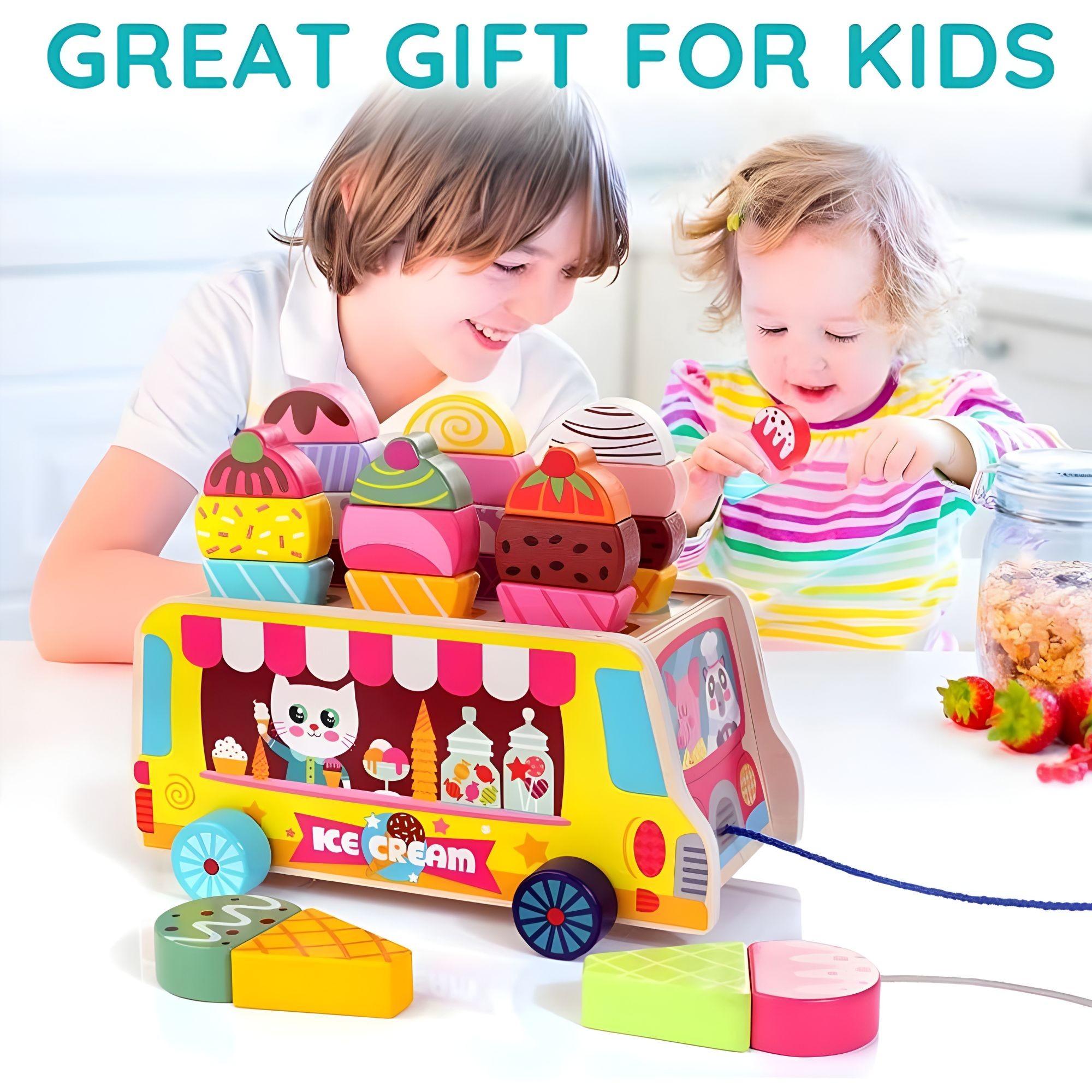 Jucarie Educativa Montessori, Flippy, Model Camion de Inghetata, Sortator Forme, 22 x 11 x 12 cm, 3+ ani, Multicolor