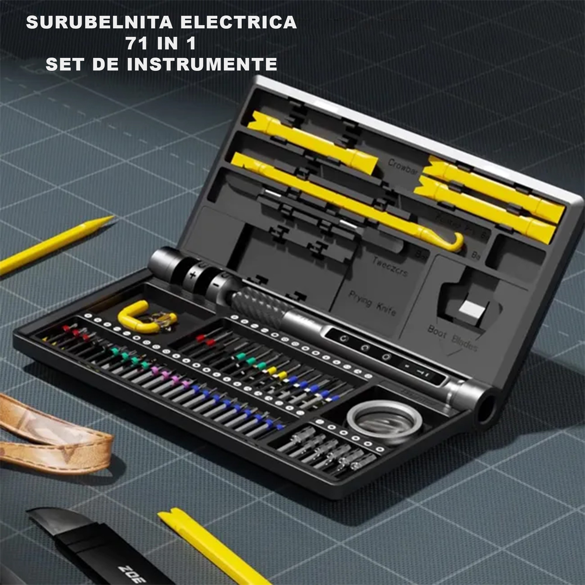 Surubelnita Profesionala Electrica, Flippy, Multifunctionala, Reancarcabila USB, Luminare LED, Kit 71 in 1, Set Complet cu Biti Torx, Phillips, Hex, Pentalobe, 21.4 x 12.4 cm, Negru