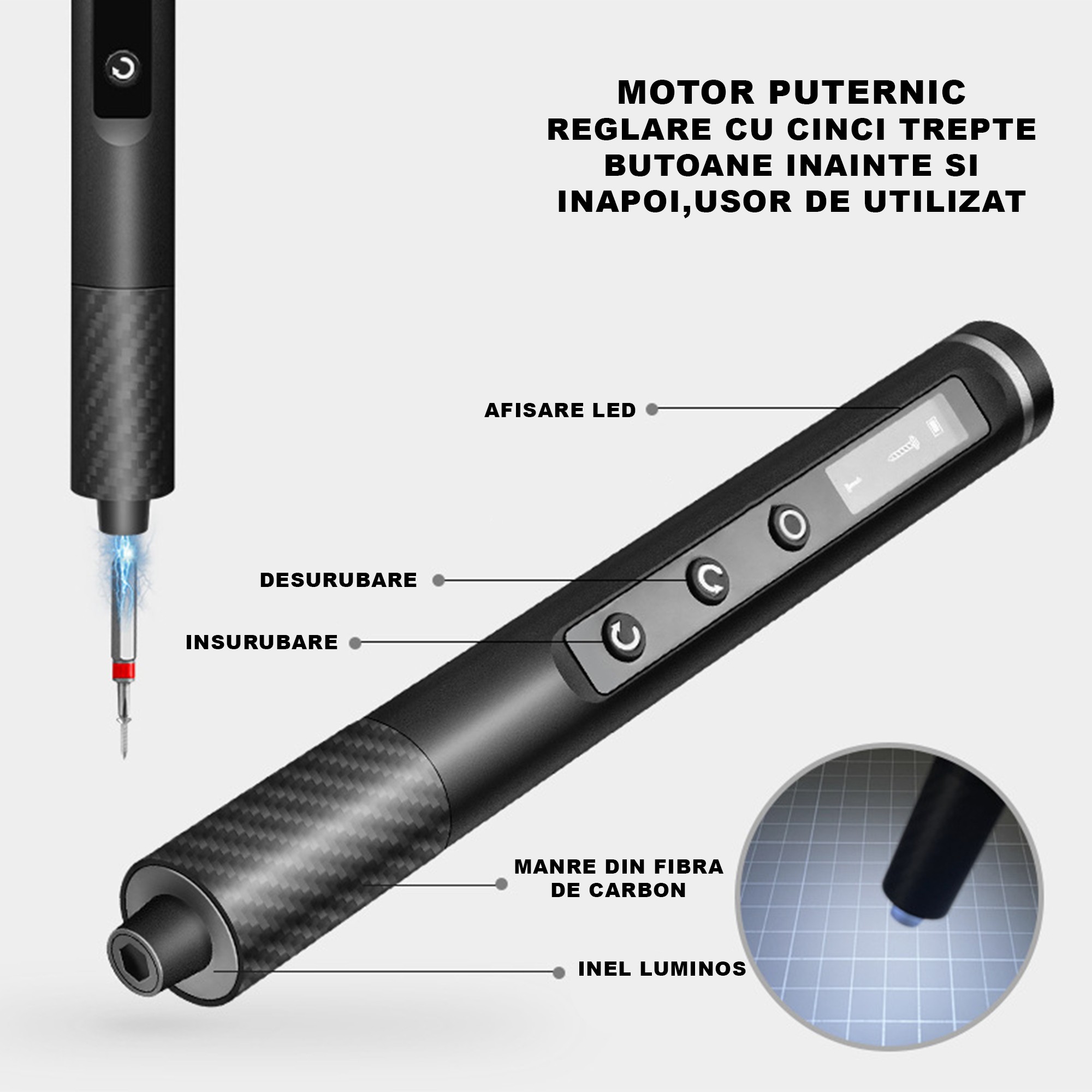 Surubelnita Profesionala Electrica, Flippy, Multifunctionala, Reancarcabila USB, Luminare LED, Kit 71 in 1, Set Complet cu Biti Torx, Phillips, Hex, Pentalobe, 21.4 x 12.4 cm, Negru