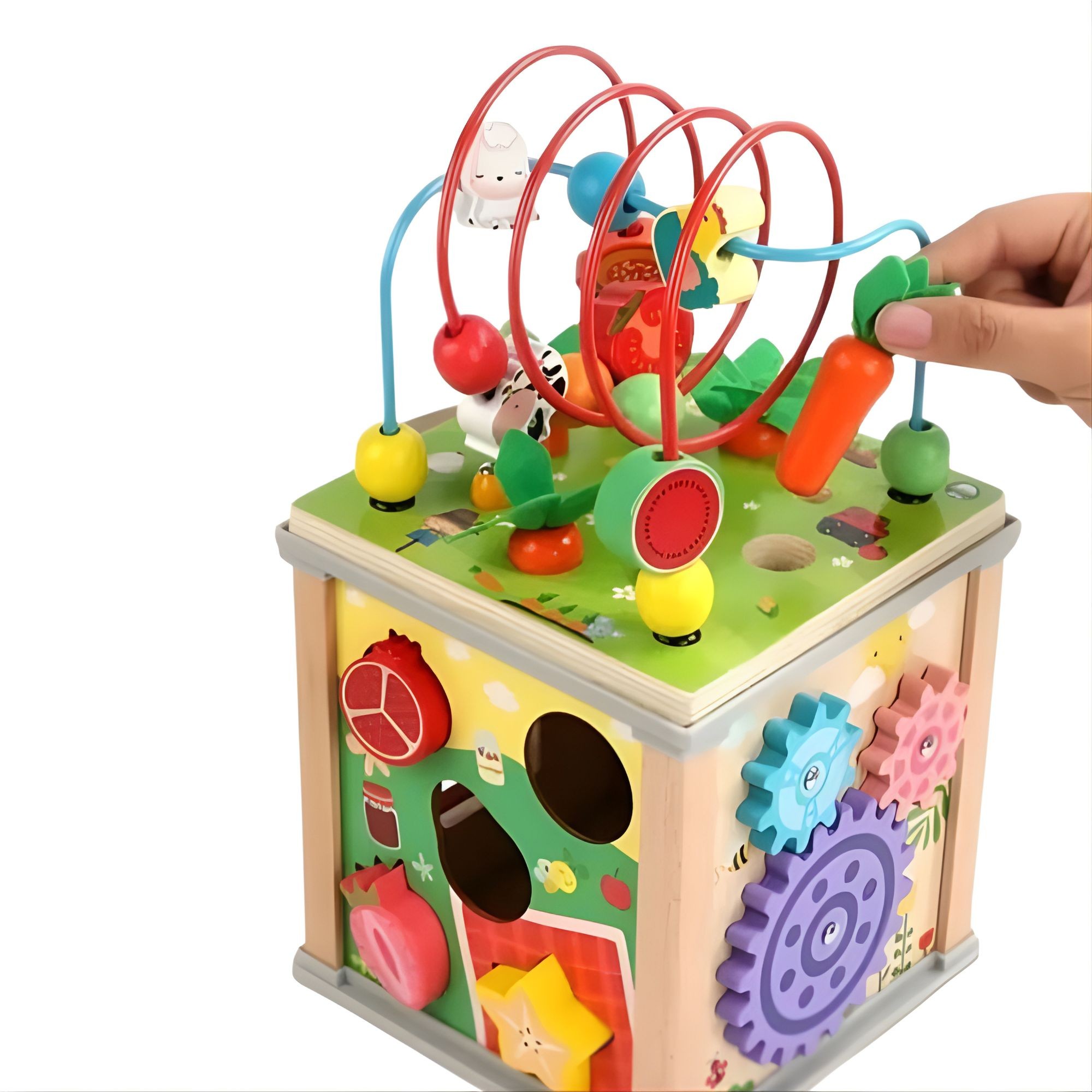 Cub Educativ Montessori din Lemn, Flippy, Multifunctional, Sortare Forme si Culori, Activitati Educative, Multicolor, Jucarie Interactiva