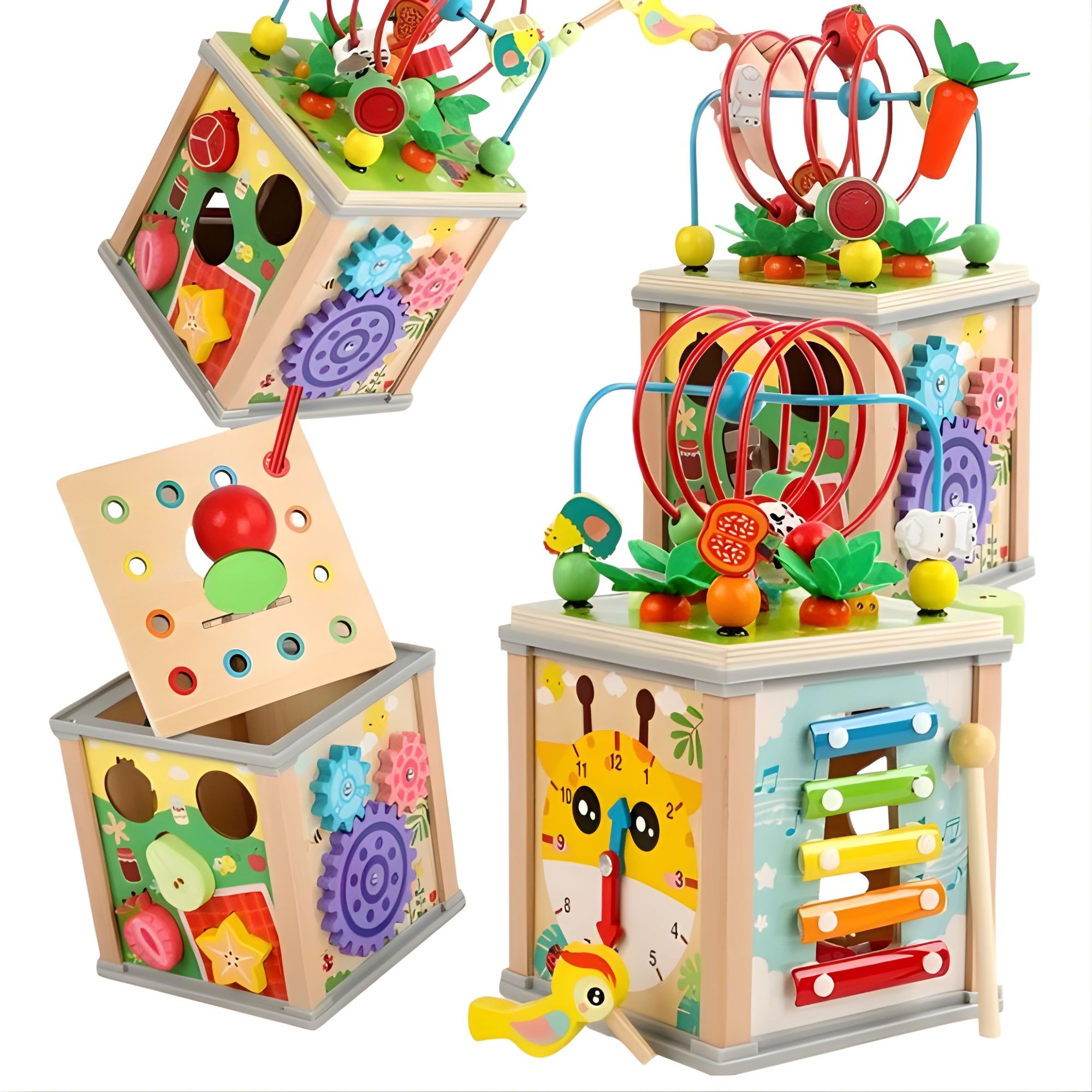 Cub Educativ Montessori din Lemn, Flippy, Multifunctional, Sortare Forme si Culori, Activitati Educative, Multicolor, Jucarie Interactiva