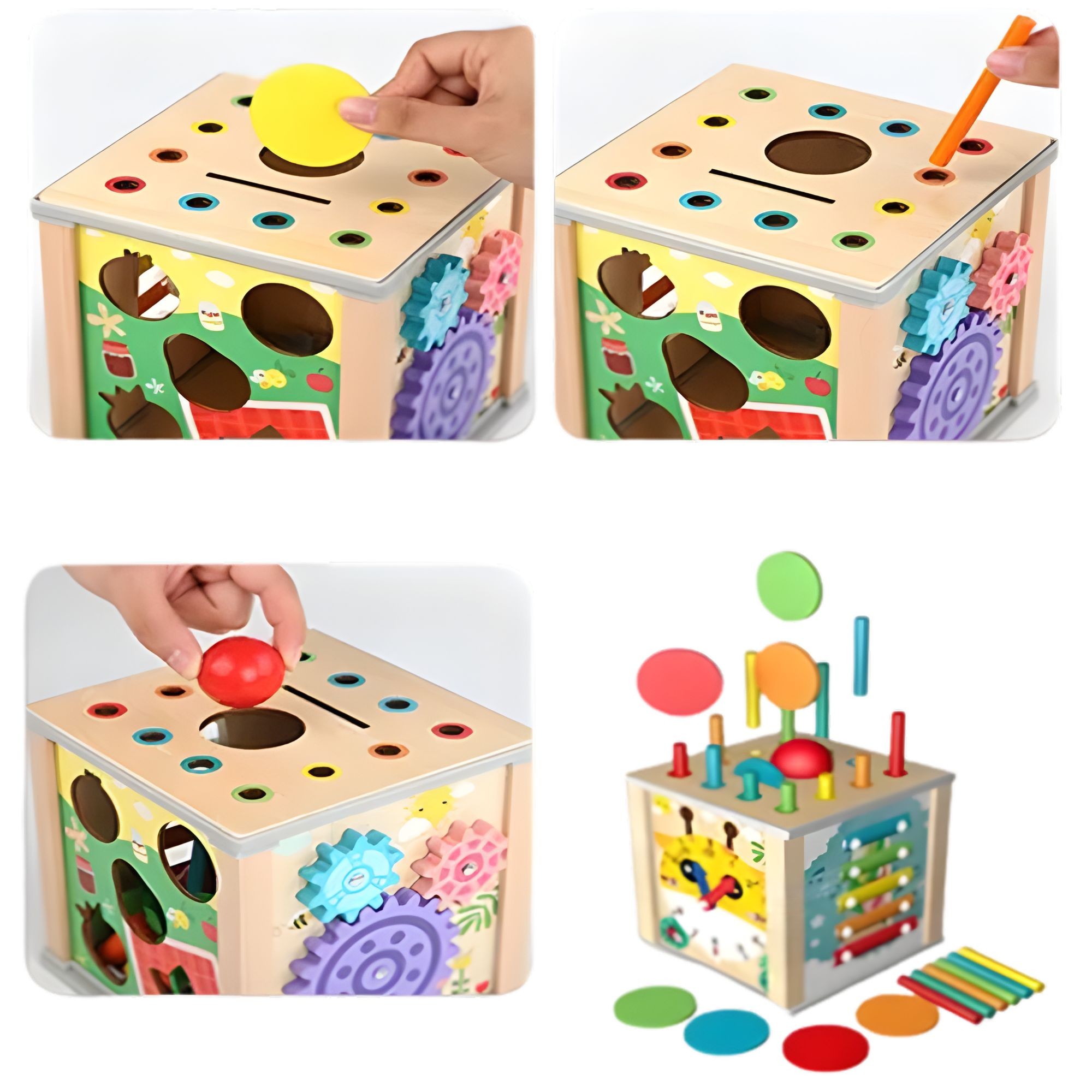 Cub Educativ Montessori din Lemn, Flippy, Multifunctional, Sortare Forme si Culori, Activitati Educative, Multicolor, Jucarie Interactiva