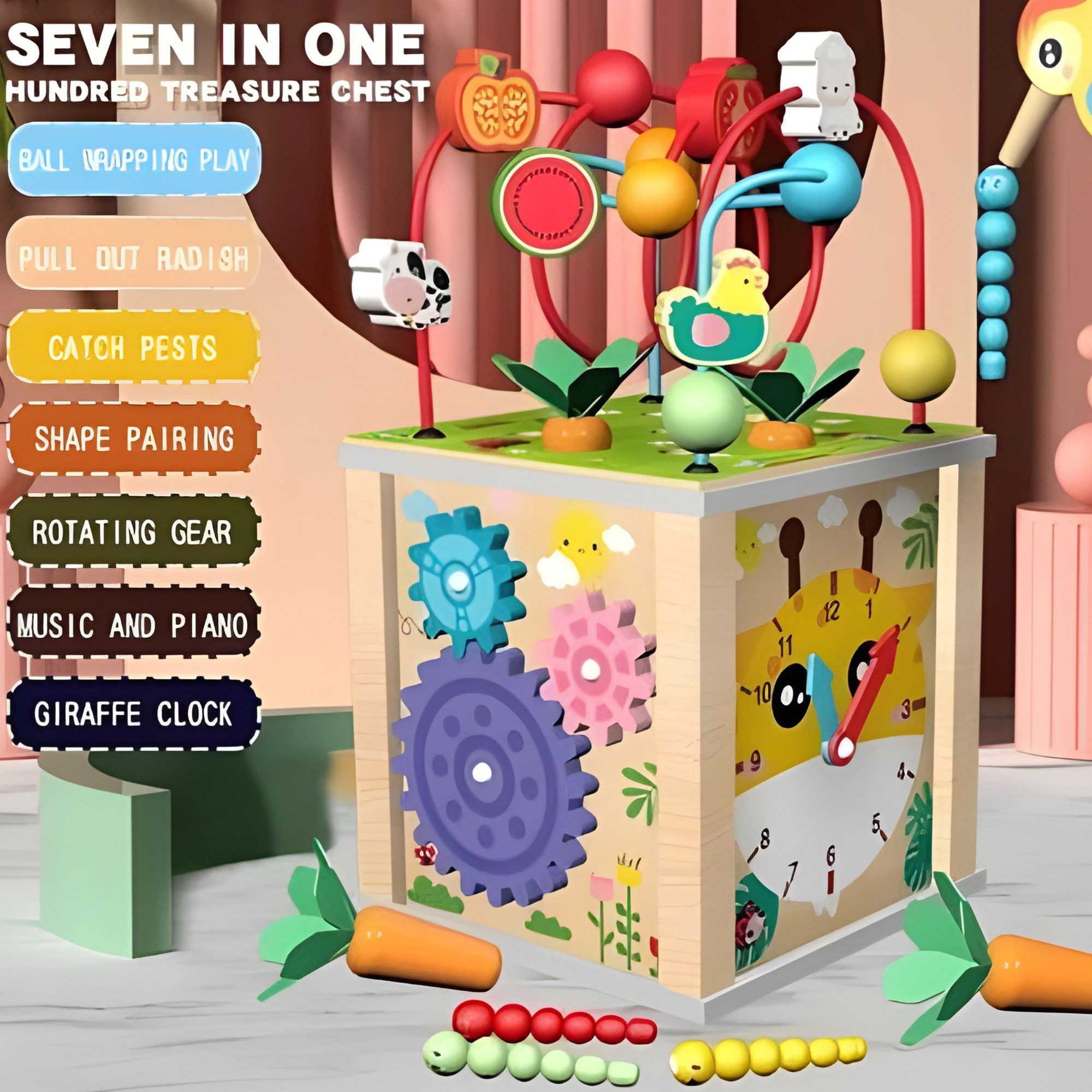 Cub Educativ Montessori din Lemn, Flippy, Multifunctional, Sortare Forme si Culori, Activitati Educative, Multicolor, Jucarie Interactiva