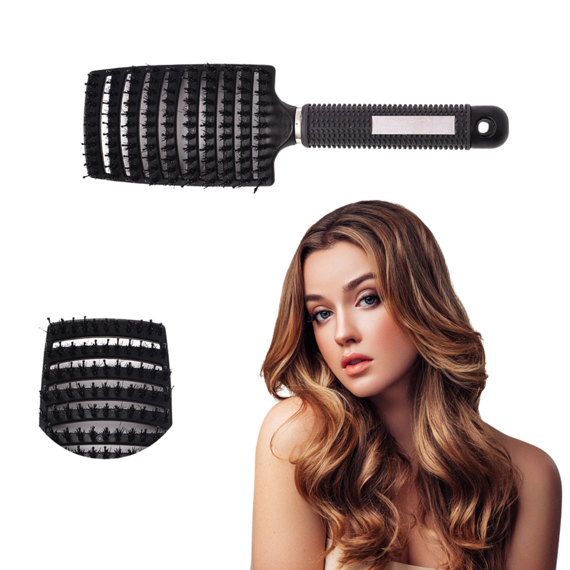 Perie de Par Curbata Ventilata, Flippy, Peri de Mistret + Nylon, Maner Antiderapant, Efect Masaj, Wet & Dry, 24.5 x 6.5 cm, Negru