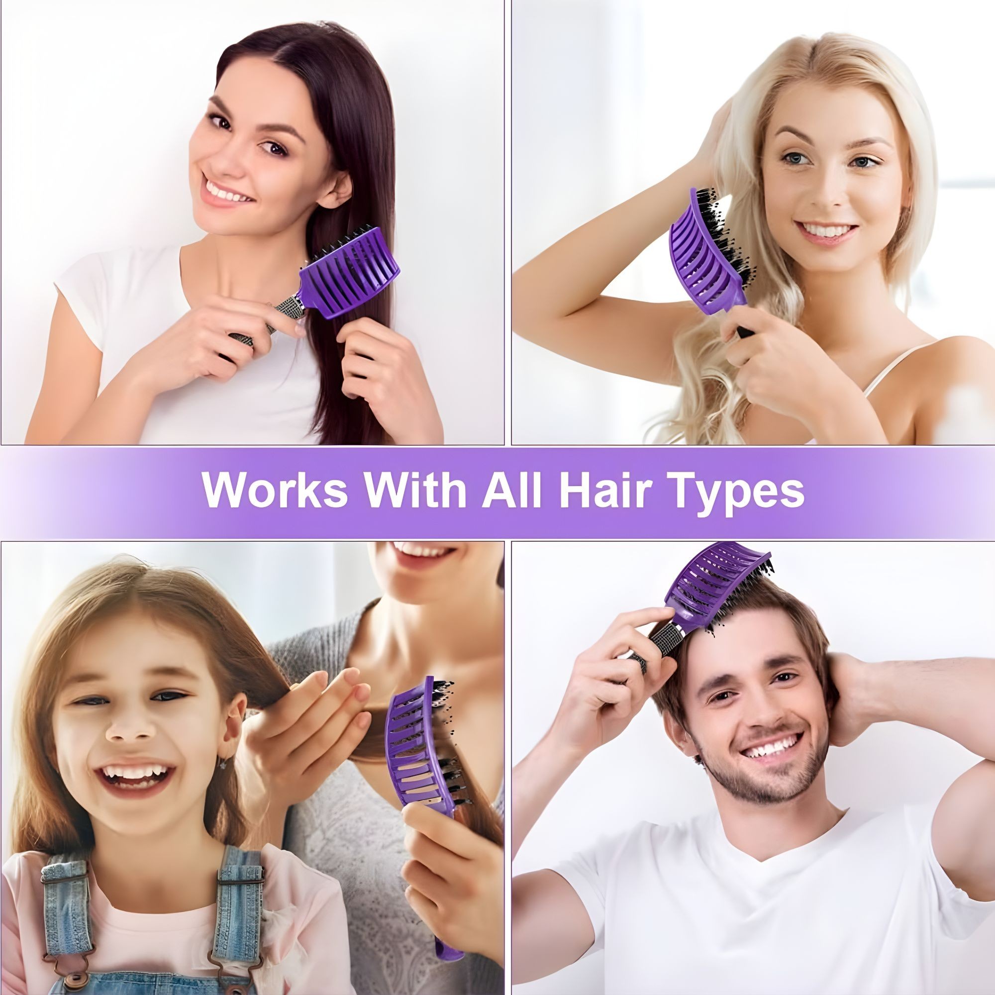 Perie de Par Curbata Ventilata, Flippy, Peri de Mistret + Nylon, Maner Antiderapant, Efect Masaj, Wet & Dry, 24.5 x 6.5 cm, Violet