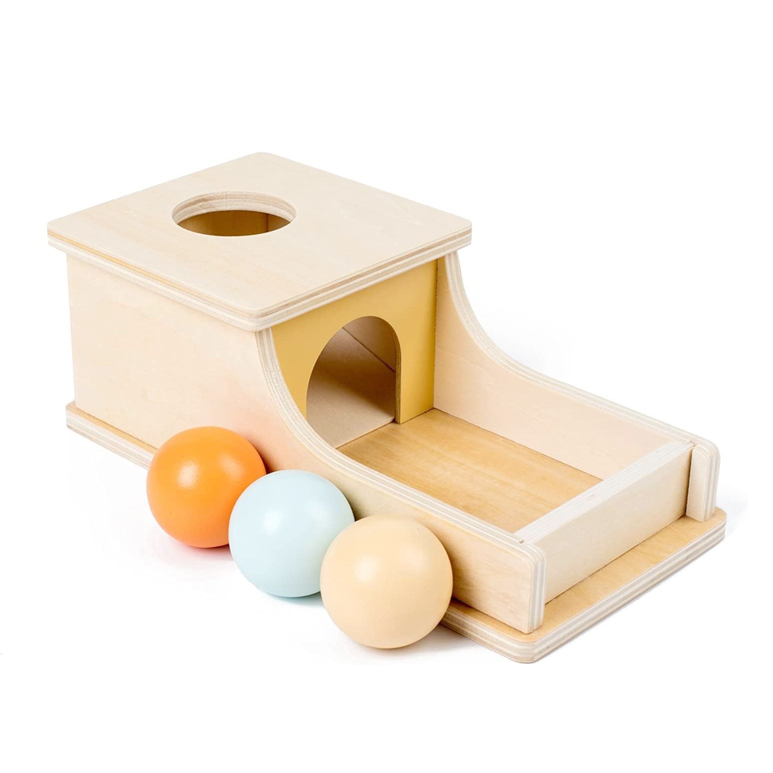 Jucarie Educativa Montessori din Lemn, Flippy, Model Pista cu Bile si Tunel, 4 piese, Joc pentru Motricitate si Coordonare, Copii 12+ luni, 24 x 12 x 8.5 cm, Multicolor