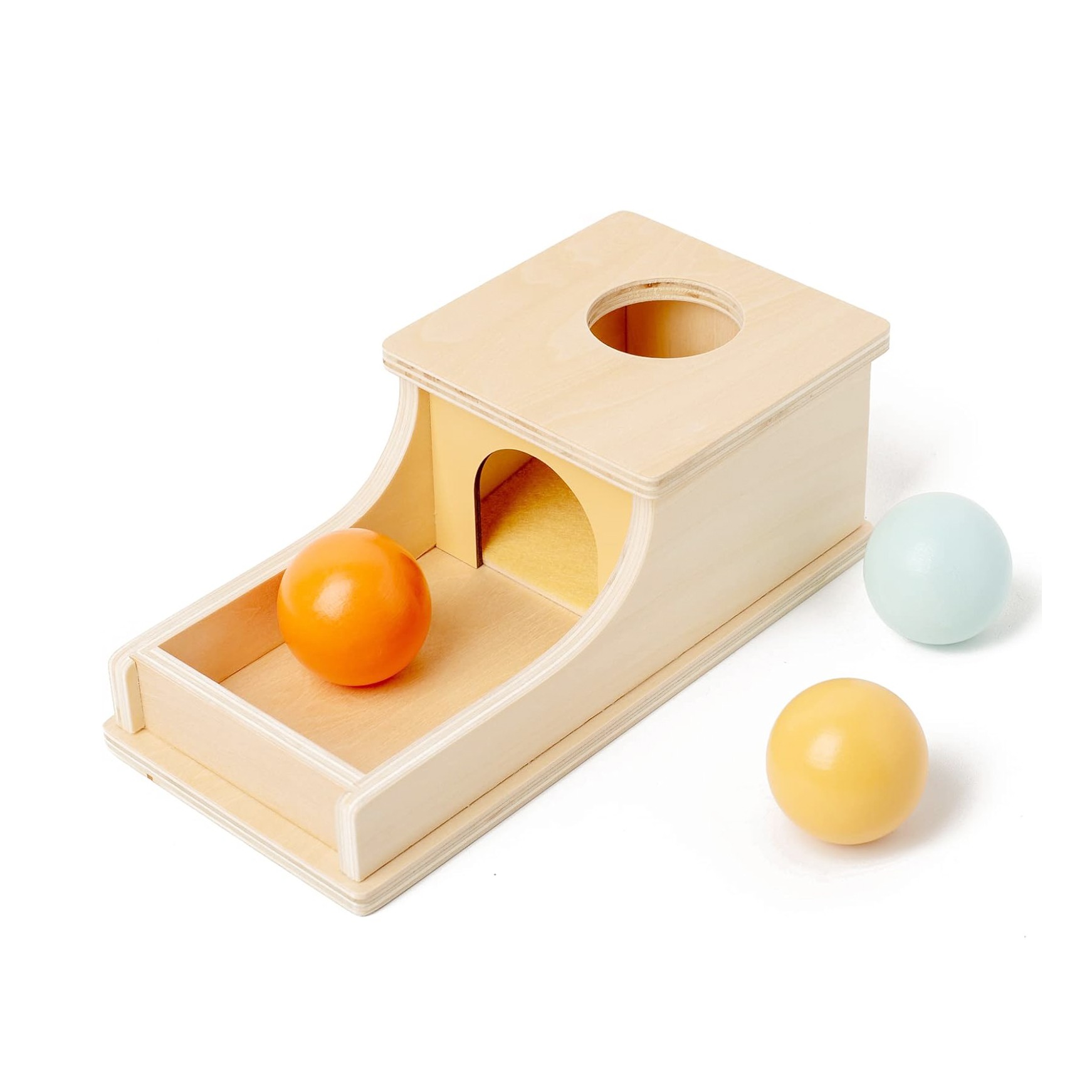 Jucarie Educativa Montessori din Lemn, Flippy, Model Pista cu Bile si Tunel, 4 piese, Joc pentru Motricitate si Coordonare, Copii 12+ luni, 24 x 12 x 8.5 cm, Multicolor