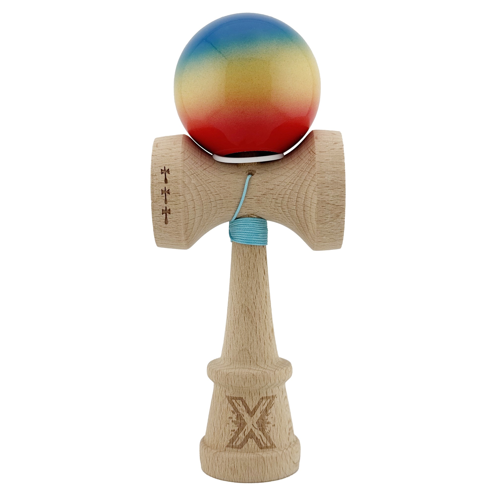Kendama X Originala, Profesionala, Flippy, Super Sticky cu Cupe Mari KING SIZE V3, Gaura in Baza, Rulment Metalic, din lemn 18 cm, Ata 62/65 cm, Gradient Albastru/Galben/Rosu