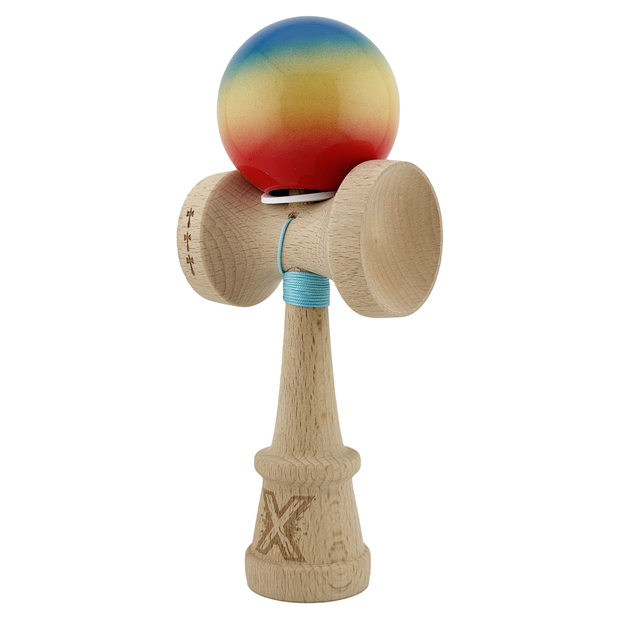 Kendama X Originala, Profesionala, Flippy, Super Sticky cu Cupe Mari KING SIZE V3, Gaura in Baza, Rulment Metalic, din lemn 18 cm, Ata 62/65 cm, Gradient Albastru/Galben/Rosu