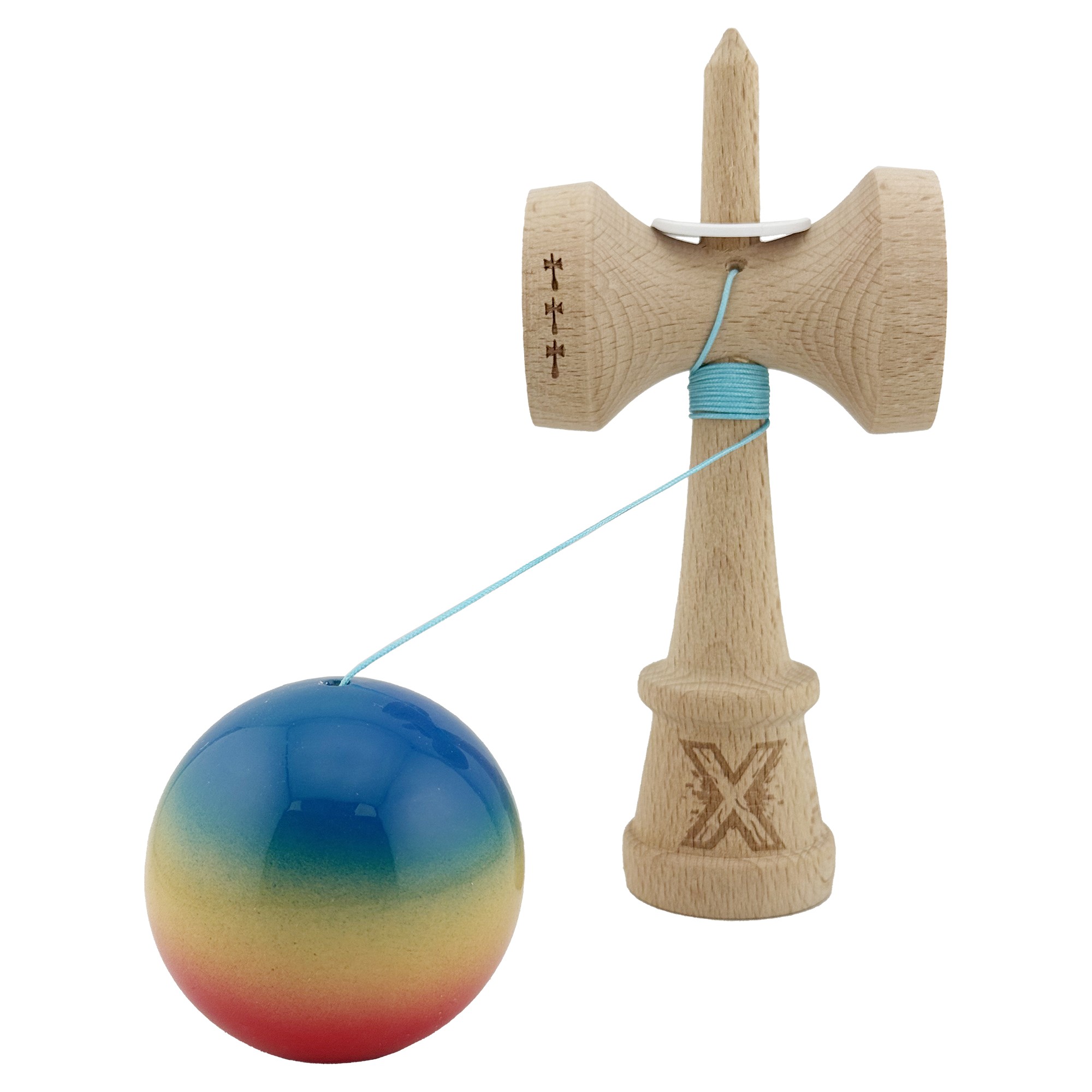 Kendama X Originala, Profesionala, Flippy, Super Sticky cu Cupe Mari KING SIZE V3, Gaura in Baza, Rulment Metalic, din lemn 18 cm, Ata 62/65 cm, Gradient Albastru/Galben/Rosu