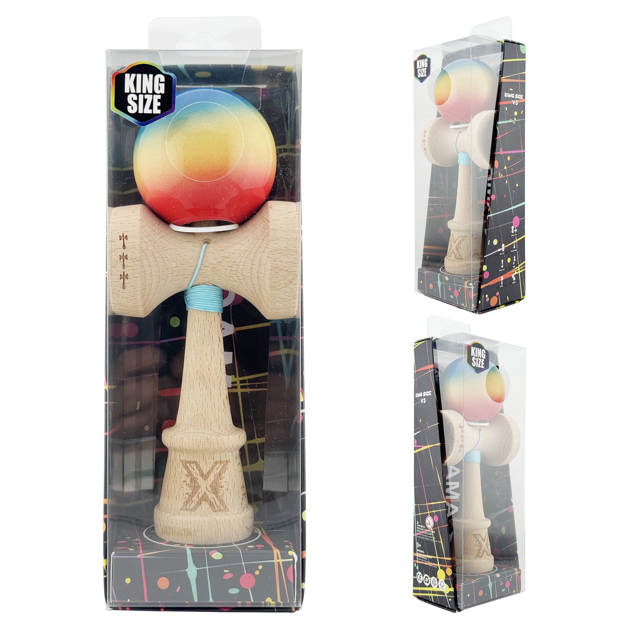 Kendama X Originala, Profesionala, Flippy, Super Sticky cu Cupe Mari KING SIZE V3, Gaura in Baza, Rulment Metalic, din lemn 18 cm, Ata 62/65 cm, Gradient Albastru/Galben/Rosu