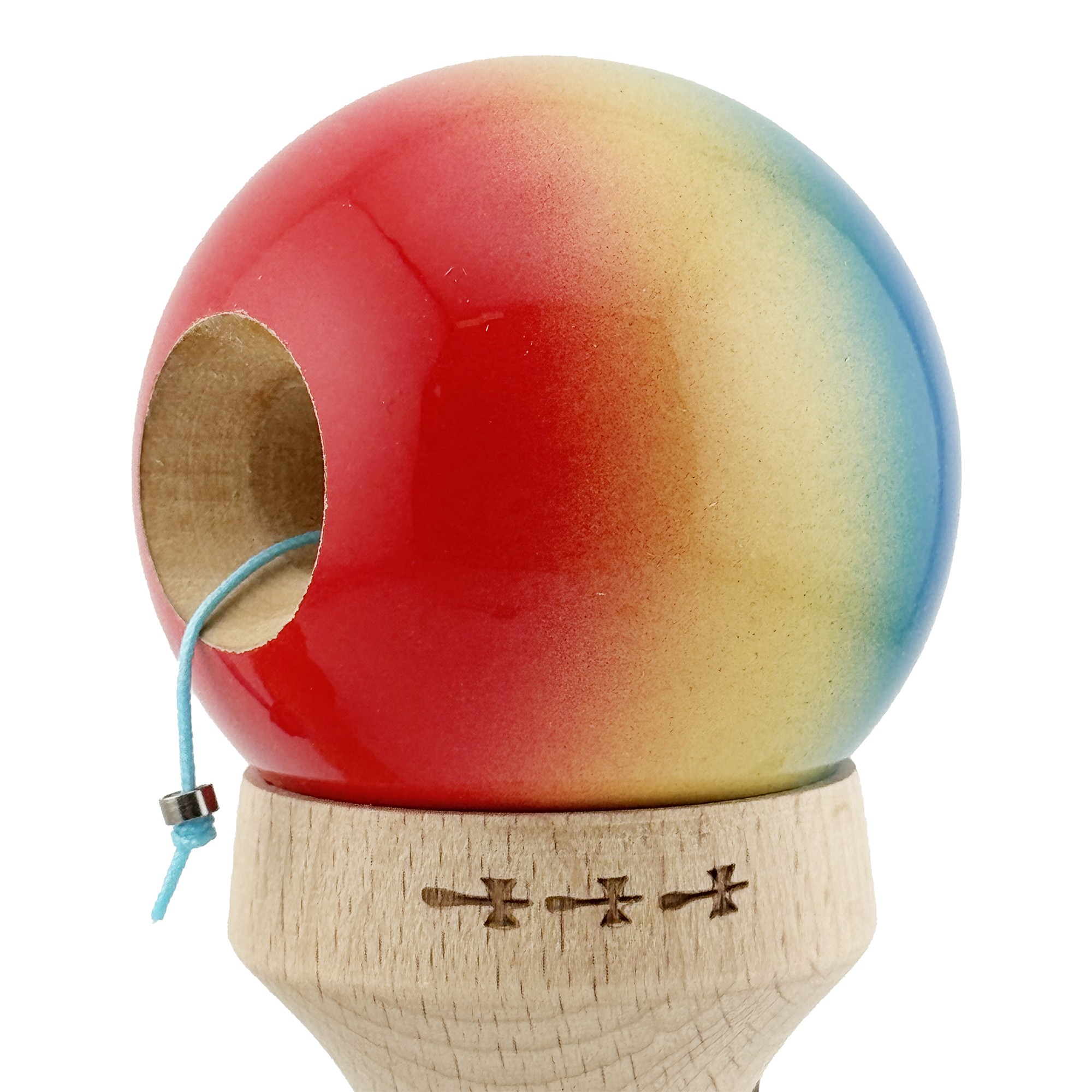 Kendama X Originala, Profesionala, Flippy, Super Sticky cu Cupe Mari KING SIZE V3, Gaura in Baza, Rulment Metalic, din lemn 18 cm, Ata 62/65 cm, Gradient Albastru/Galben/Rosu