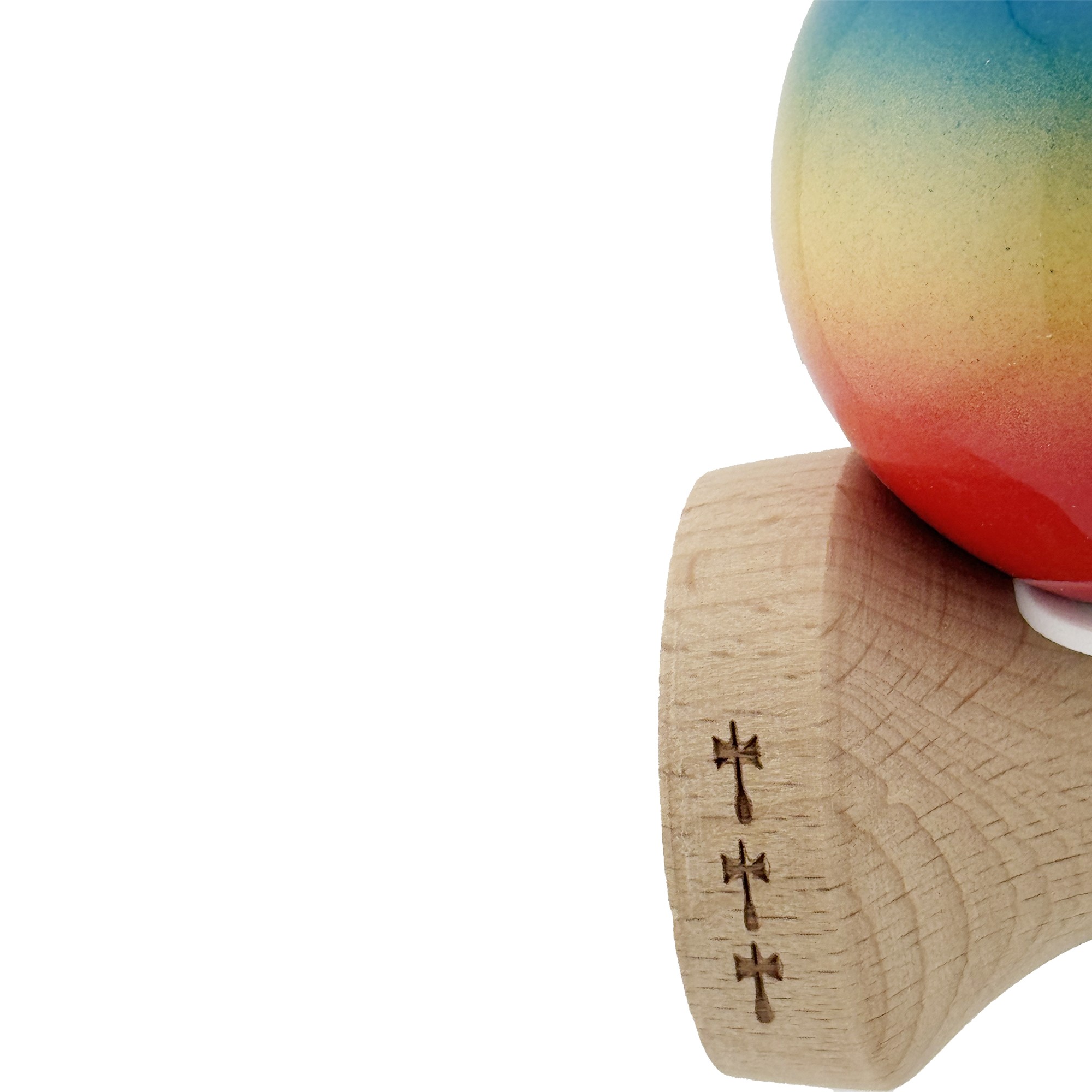 Kendama X Originala, Profesionala, Flippy, Super Sticky cu Cupe Mari KING SIZE V3, Gaura in Baza, Rulment Metalic, din lemn 18 cm, Ata 62/65 cm, Gradient Albastru/Galben/Rosu