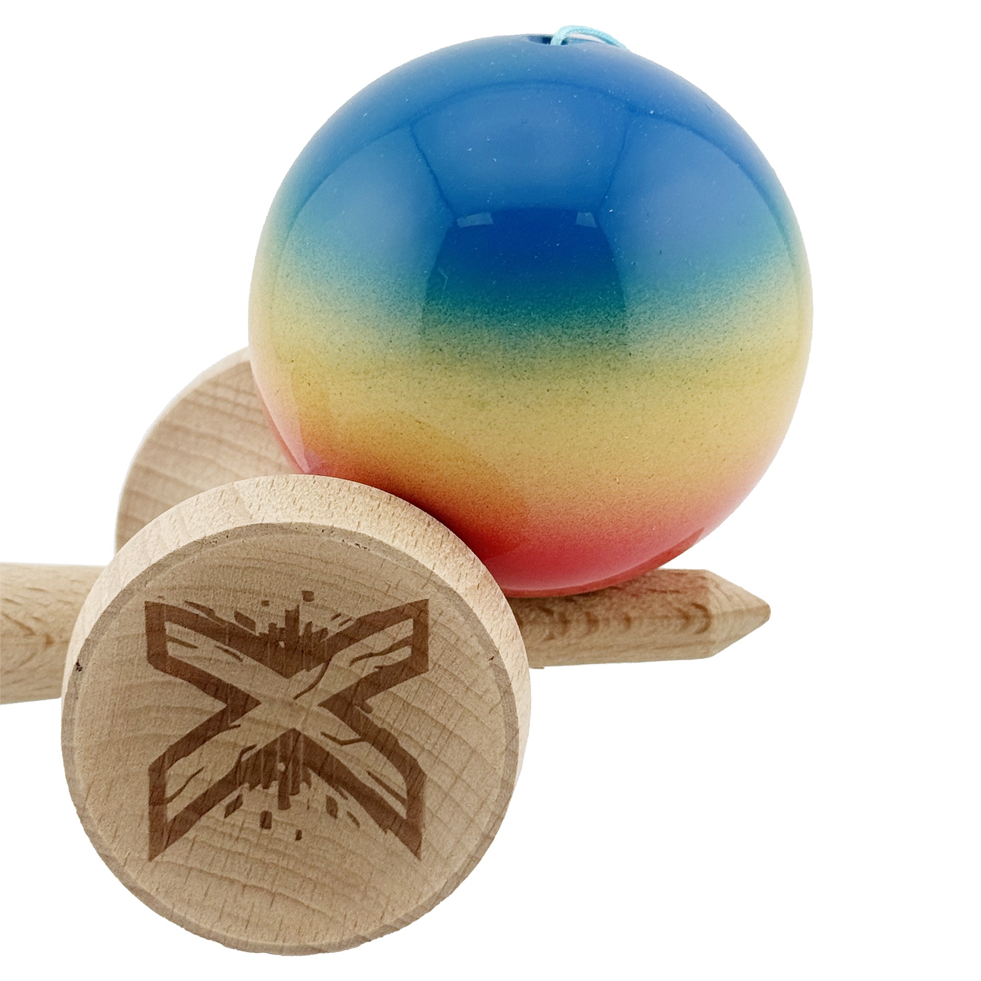 Kendama X Originala, Profesionala, Flippy, Super Sticky cu Cupe Mari KING SIZE V3, Gaura in Baza, Rulment Metalic, din lemn 18 cm, Ata 62/65 cm, Gradient Albastru/Galben/Rosu